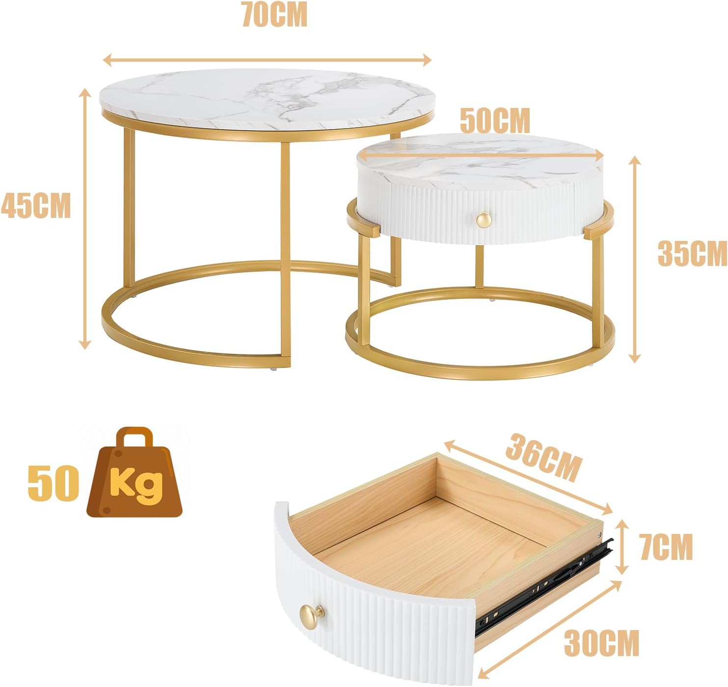 Ginhow Stolik kawowy, okrągły, biały i złoty, 2-częściowy zestaw, stolik kawowy o wyglądzie marmuru, okrągły stolik kawowy z 1 szufladą, nowoczesny stolik pomocniczy, złoty, okrągły, Ø 70 x wys. 45