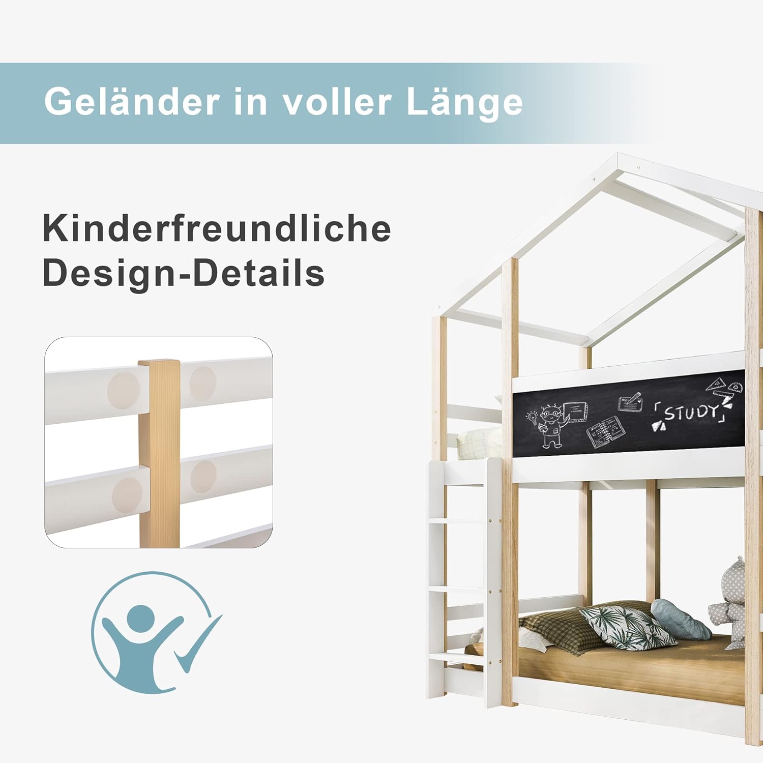 Dolamaní Łóżko domowe 90 x 200 cm ze schodami, łóżko piętrowe 90 x 200 cm, łóżko piętrowe z szufladą i zabezpieczeniem przed wypadnięciem, łóżko pojedyncze dla dzieci, 2 stelaże z listew, kolor