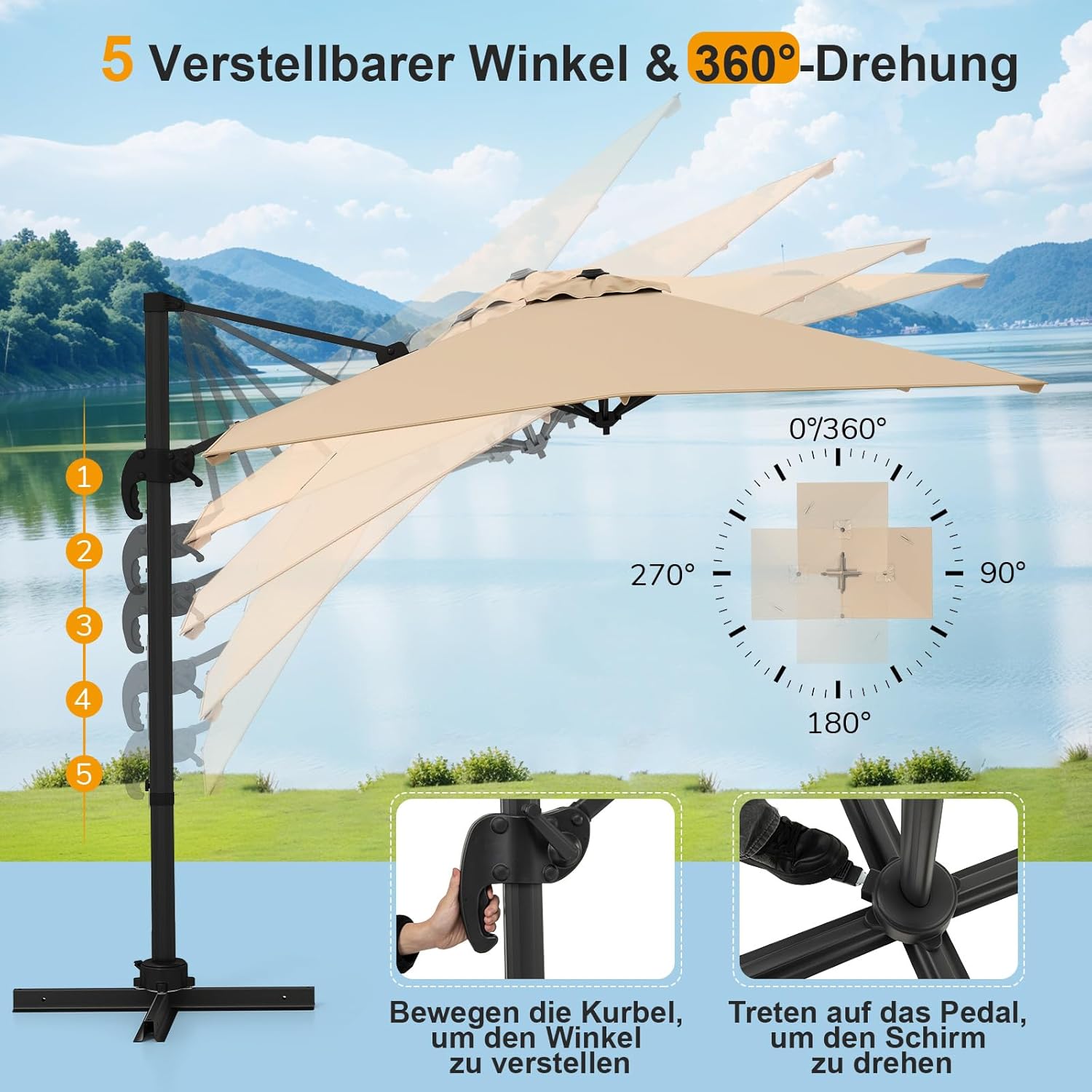 COSTWAY Parasol przeciwsłoneczny, prostokątny, 300 x 300 cm, duży parasol przeciwsłoneczny z korbą, parasol ogrodowy, odchylany o 360°, parasol tarasowy, do ogrodu, na taras, balkon (czarny)