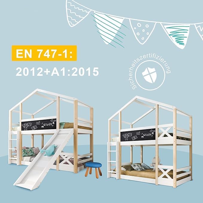Dolamaní Łóżko domowe 90 x 200 cm ze schodami, łóżko piętrowe 90 x 200 cm, łóżko piętrowe z szufladą i zabezpieczeniem przed wypadnięciem, łóżko pojedyncze dla dzieci, 2 stelaże z listew, kolor