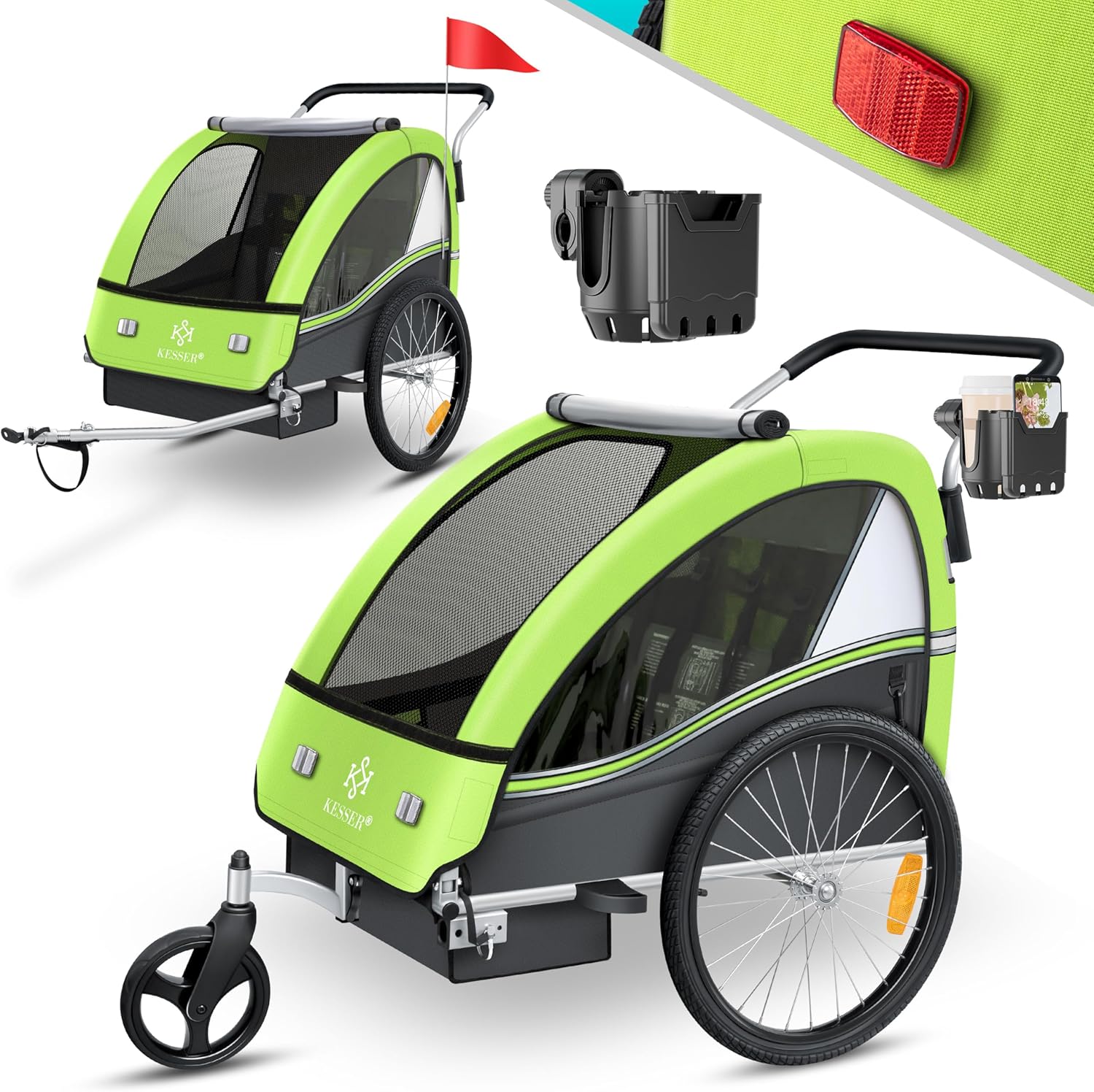 KESSER® Przyczepka rowerowa dla dzieci Sport-RX 2w1 z funkcją jazdy Przyczepka rowerowa dla dzieci + 5-punktowy pas bezpieczeństwa 360°