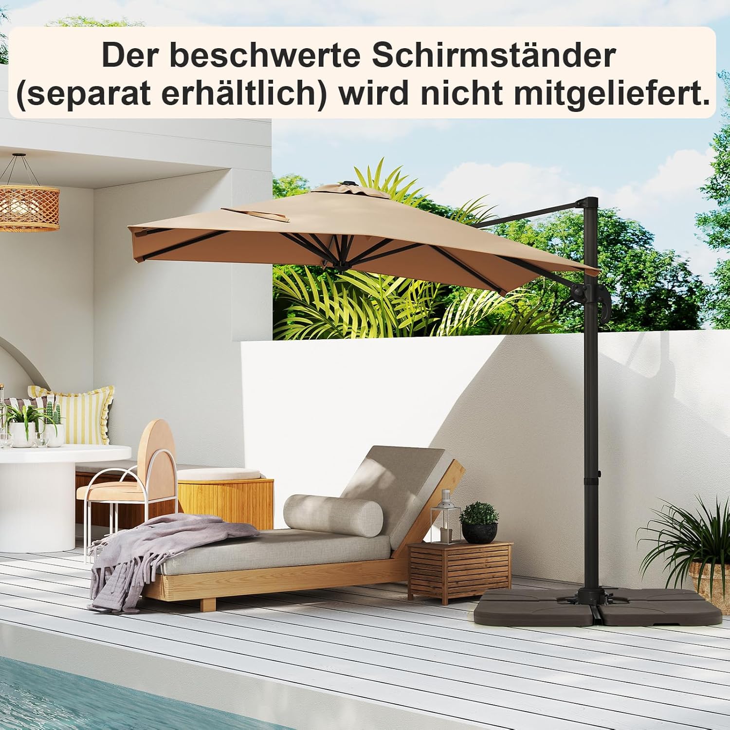 COSTWAY Parasol przeciwsłoneczny, prostokątny, 300 x 300 cm, duży parasol przeciwsłoneczny z korbą, parasol ogrodowy, odchylany o 360°, parasol tarasowy, do ogrodu, na taras, balkon (czarny)