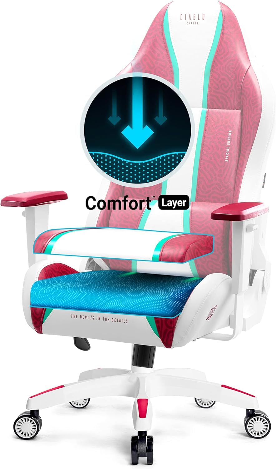 Diablo X-One 2.0 Fotel Gamingowy Krzesło Biurowe Dla Gracza Obrotowy Regulowane Podłokietniki Ekoskóra Ergonomiczny Design Funkcja Bujania Poduszka Pod Kark i Lędźwie (Candy Rose, Normal)