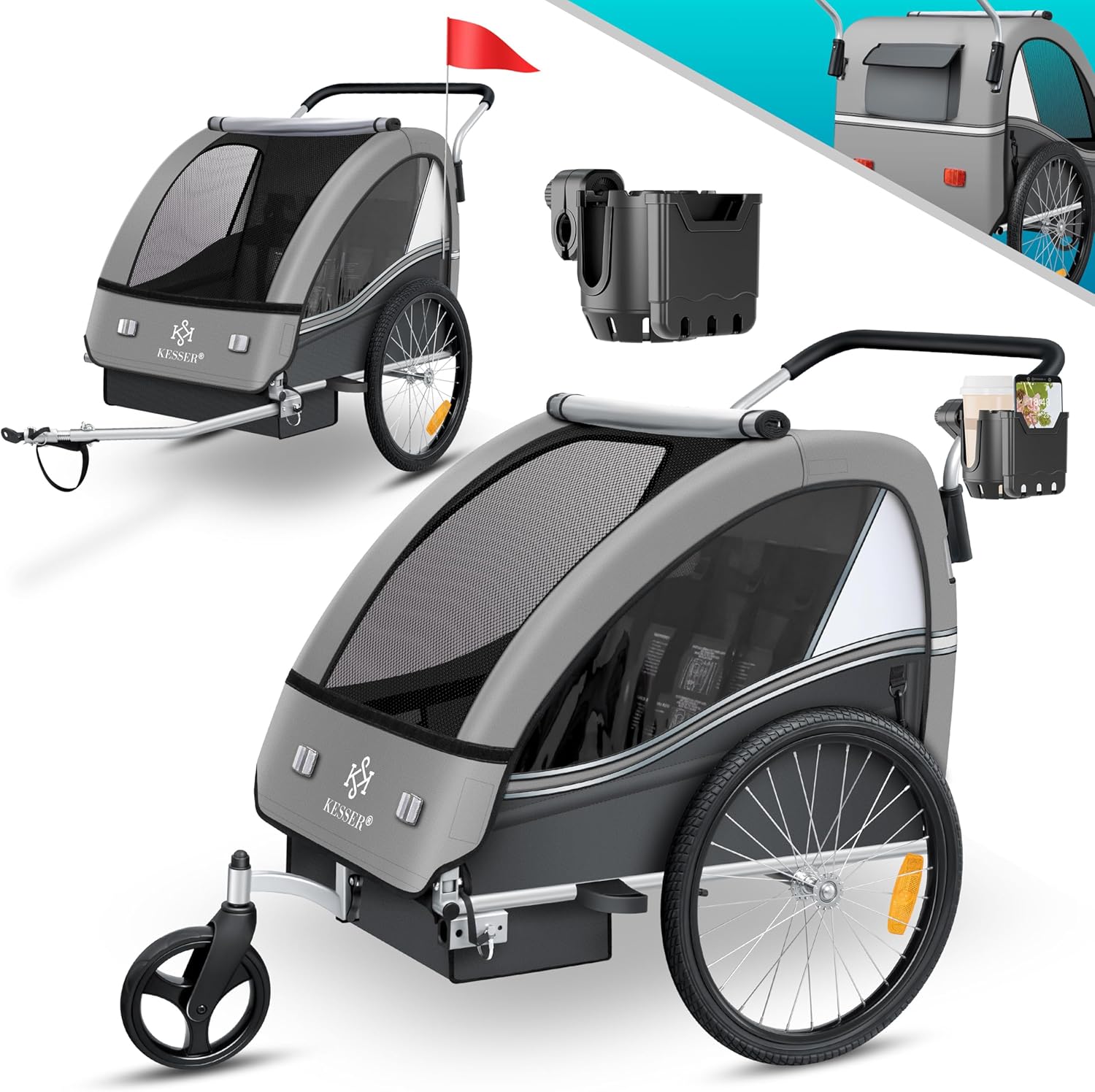 KESSER® Przyczepka rowerowa dla dzieci Sport-RX 2w1 z funkcją jazdy Przyczepka rowerowa dla dzieci + 5-punktowy pas bezpieczeństwa 360°