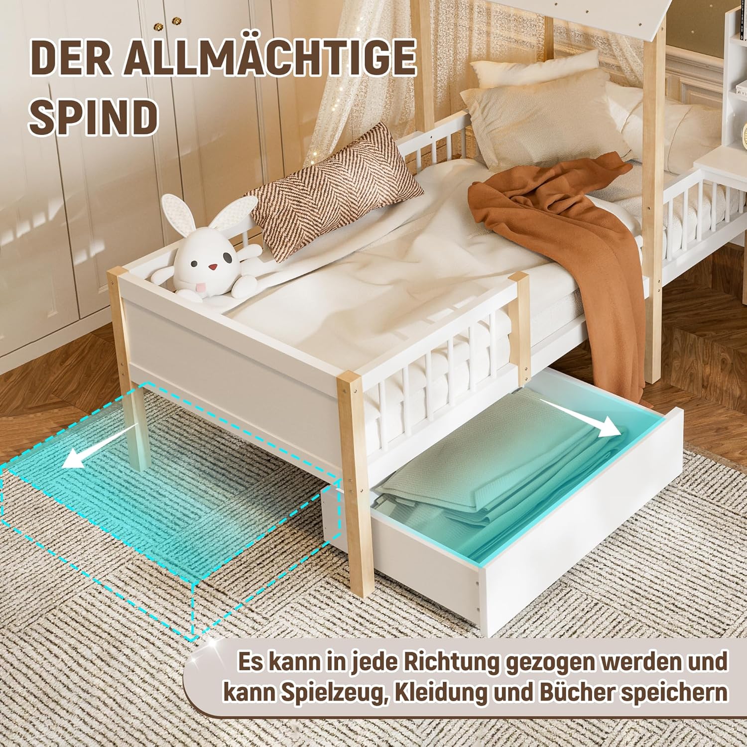 BXEYXE 90 x 200 cm łóżko dziecięce z zabezpieczeniem przed wypadnięciem i stelażem, biurko w kształcie litery L i regał na książki, szuflady na kółkach, wielofunkcyjne łóżko domowe z litego drewna