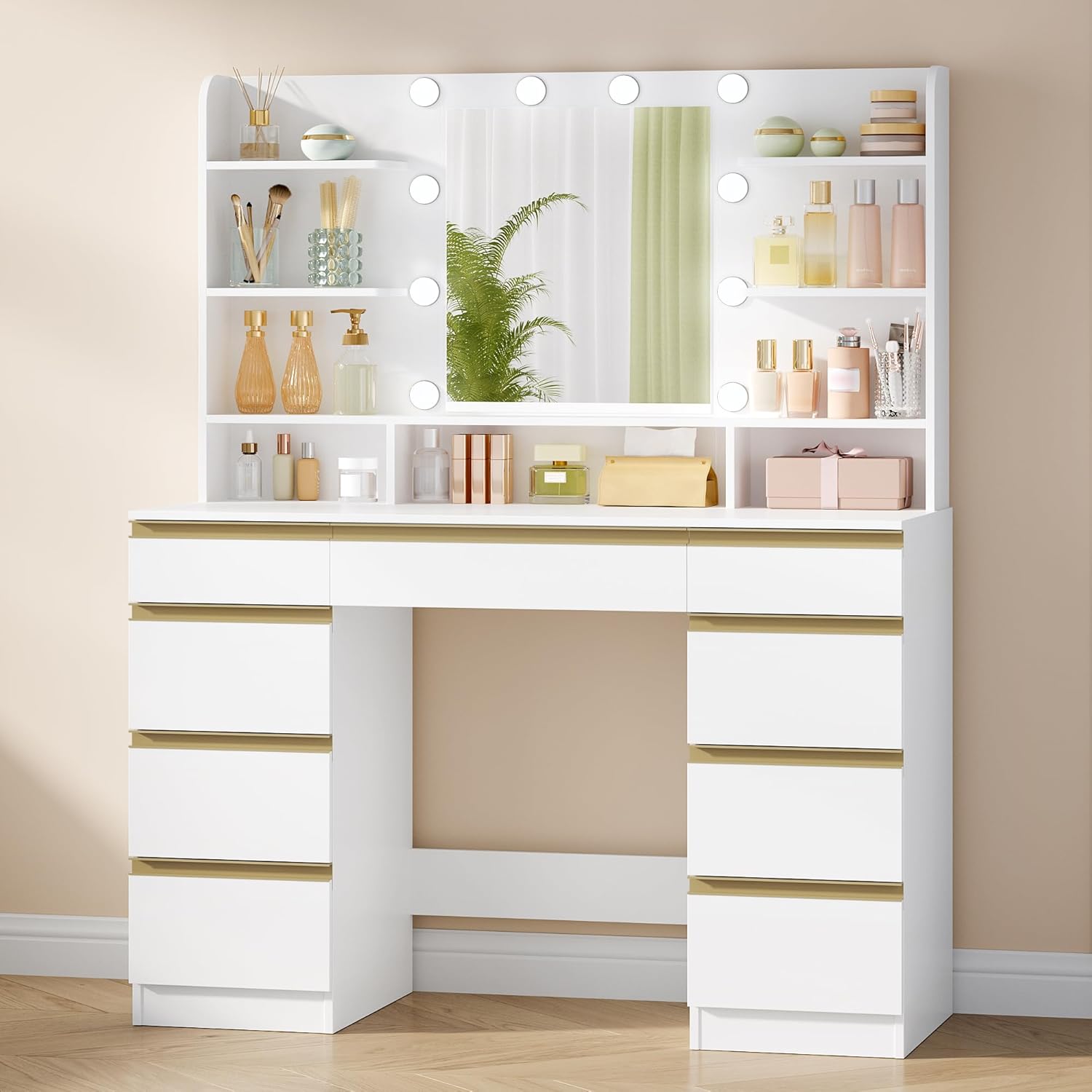 Hzuaneri Toaletka z 10 Kloszami Led, 3 Kolory, Regulowana Jasność, Duże Lustro Hd, 1 Duża Szuflada i 8 Małych Szuflad, 9 Otwartych Schowków, Biała DT35703X