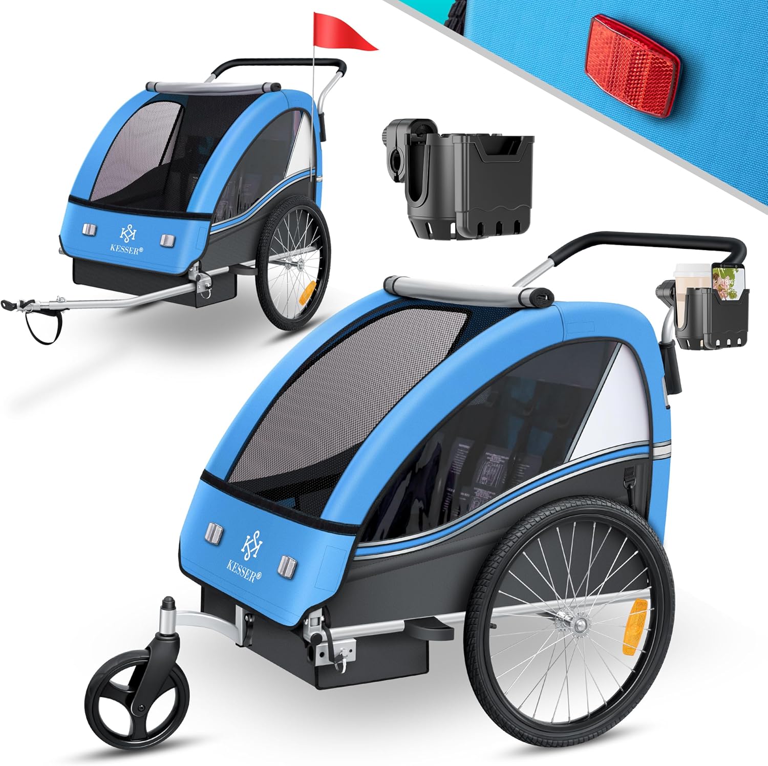 KESSER® Przyczepka rowerowa dla dzieci Sport-RX 2w1 z funkcją jazdy Przyczepka rowerowa dla dzieci + 5-punktowy pas bezpieczeństwa 360°