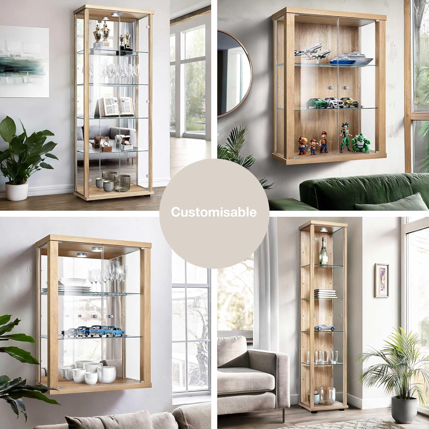 K-Möbel witryna ścienna (80x60x25cm) – Wyprodukowana w Niemczech – Wisząca witryna szklana z 2 regulowanymi półkami z ESG, lustrem i oświetleniem LED w kolorze czarnym Szafka z przeszklonymi drzwiami