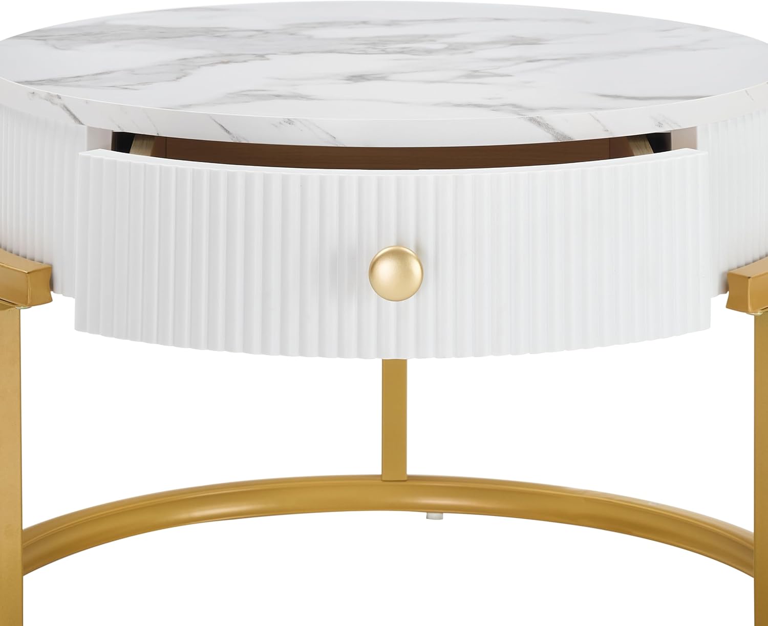 Ginhow Stolik kawowy, okrągły, biały i złoty, 2-częściowy zestaw, stolik kawowy o wyglądzie marmuru, okrągły stolik kawowy z 1 szufladą, nowoczesny stolik pomocniczy, złoty, okrągły, Ø 70 x wys. 45