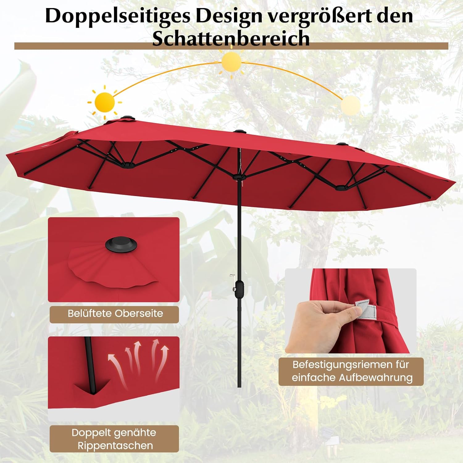 COSTWAY Parasol przeciwsłoneczny, prostokątny, 300 x 300 cm, duży parasol przeciwsłoneczny z korbą, parasol ogrodowy, odchylany o 360°, parasol tarasowy, do ogrodu, na taras, balkon (czarny)