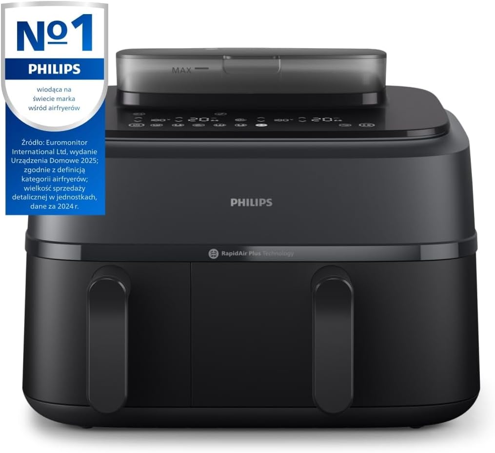 Philips Airfryer 5000 Serii Dual Basket z Technologią Air Steam oraz RapidAir Plus - pojemność 9L, 19 sposobów gotowania, 90% mniej tłuszczu, 2 kosze, czyszczenie parą, akcesoria (NA550/00)