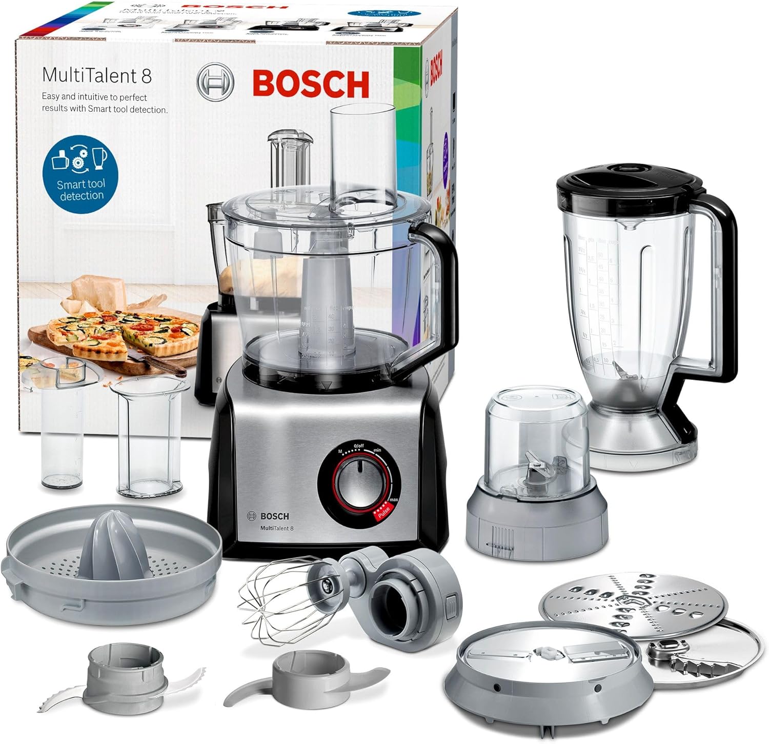 Bosch MultiTalent 8, Robot kuchenny z tarczą do frytek i młynkiem do ziaren, 1250 W, duża misa 3,9 l, mikser 1,5 l, wyciskarka do cytrusów, wyświetlacz LED, MC812M844, biały, szczotkowana stal