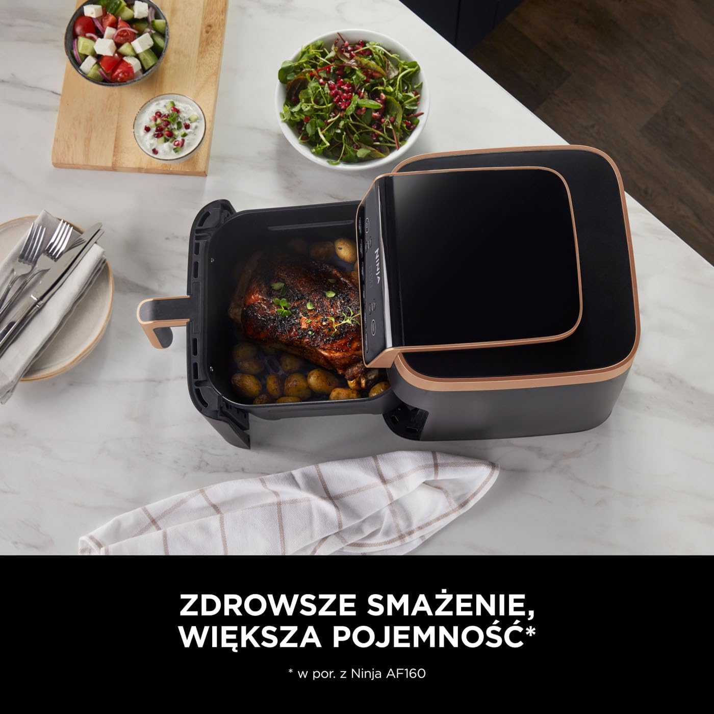 Ninja Foodi MAX Dual Zone Frytkownica beztłuszczowa z 2 szufladami, 9,5 l, kosz nieprzywierający nadaje sie do zmywarki, na 8 porcji, miedziano/czarna, 6 w 1, amazon exclusive, AF400EUCP