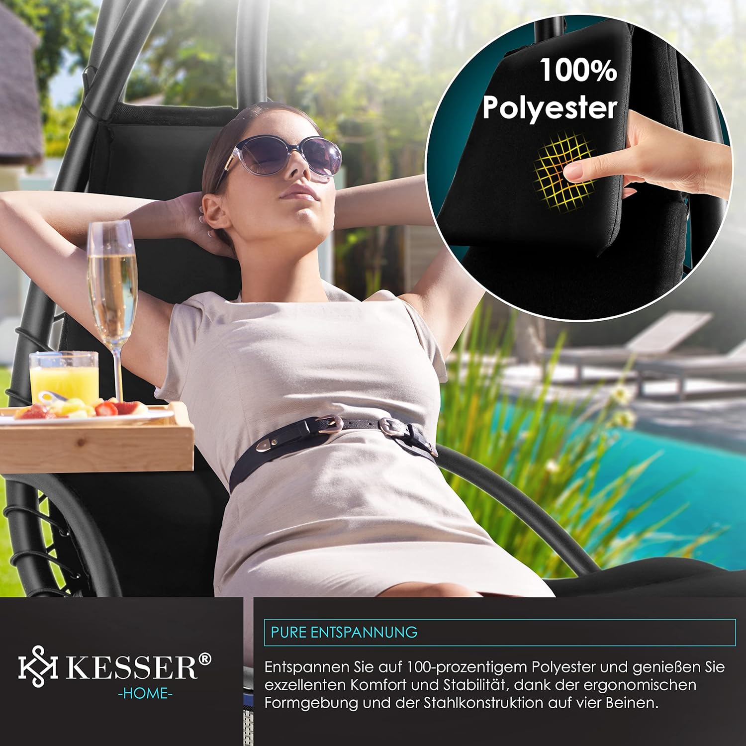 KESSER® Leżak wiszący z parasolem przeciwsłonecznym, wys. 200, dł. 194, szer. 100 cm, leżak relaksacyjny, hamak, obciążenie do 120 kg, leżanka bujana, poduszka na kark, w zestawie torba, Beżowy