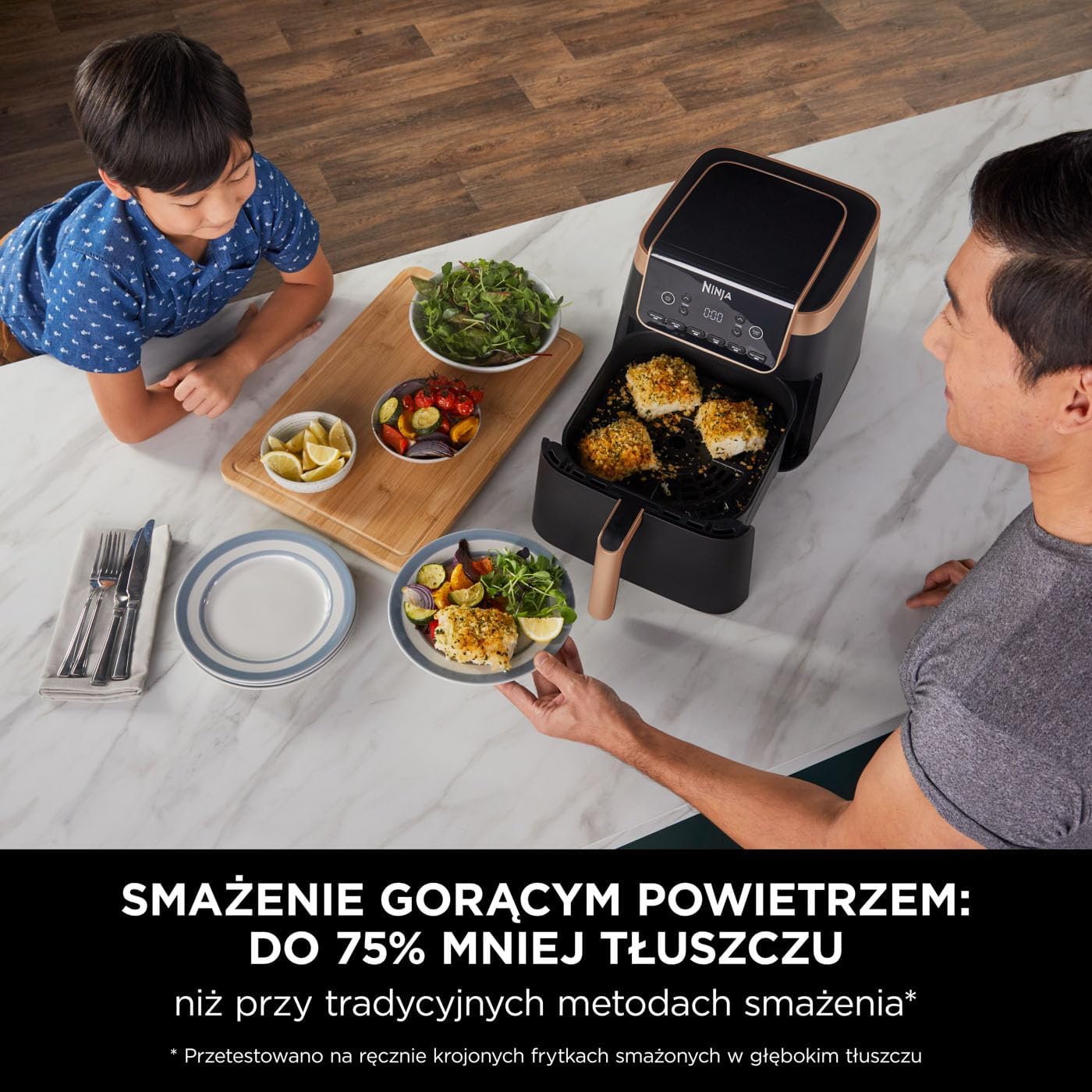 Ninja Foodi MAX Dual Zone Frytkownica beztłuszczowa z 2 szufladami, 9,5 l, kosz nieprzywierający nadaje sie do zmywarki, na 8 porcji, miedziano/czarna, 6 w 1, amazon exclusive, AF400EUCP