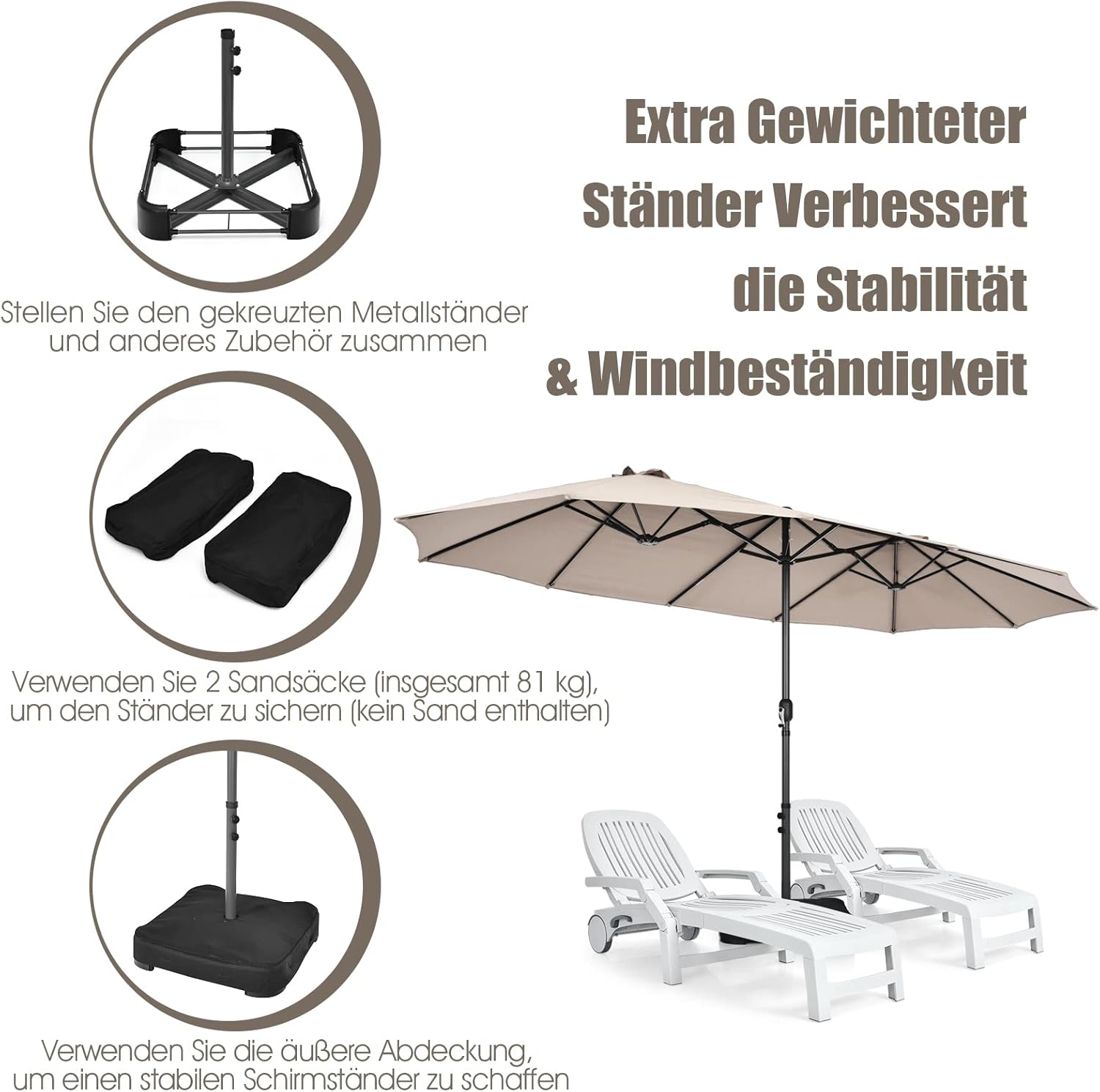 COSTWAY Parasol przeciwsłoneczny, prostokątny, 300 x 300 cm, duży parasol przeciwsłoneczny z korbą, parasol ogrodowy, odchylany o 360°, parasol tarasowy, do ogrodu, na taras, balkon (czarny)
