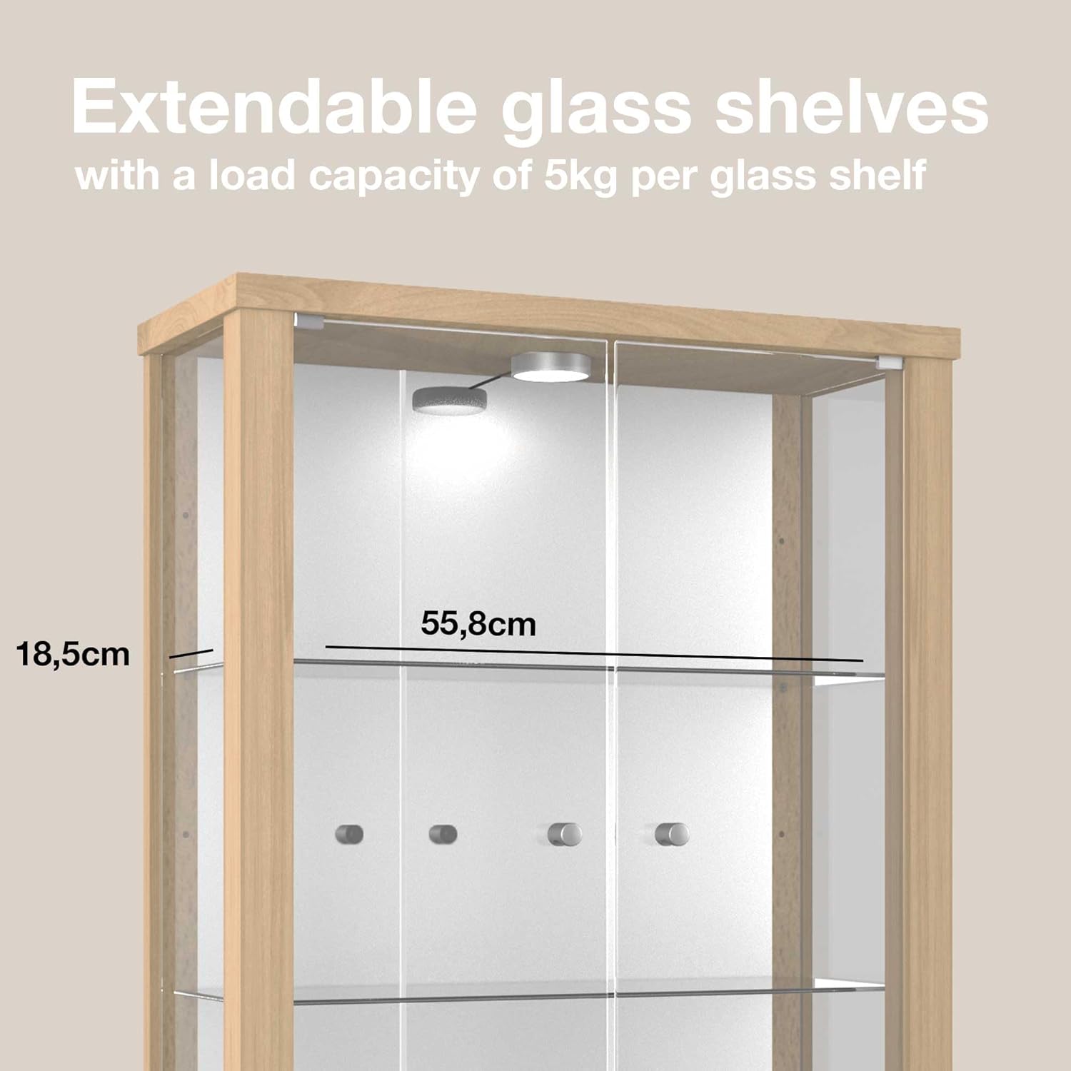 K-Möbel witryna ścienna (80x60x25cm) – Wyprodukowana w Niemczech – Wisząca witryna szklana z 2 regulowanymi półkami z ESG, lustrem i oświetleniem LED w kolorze czarnym Szafka z przeszklonymi drzwiami