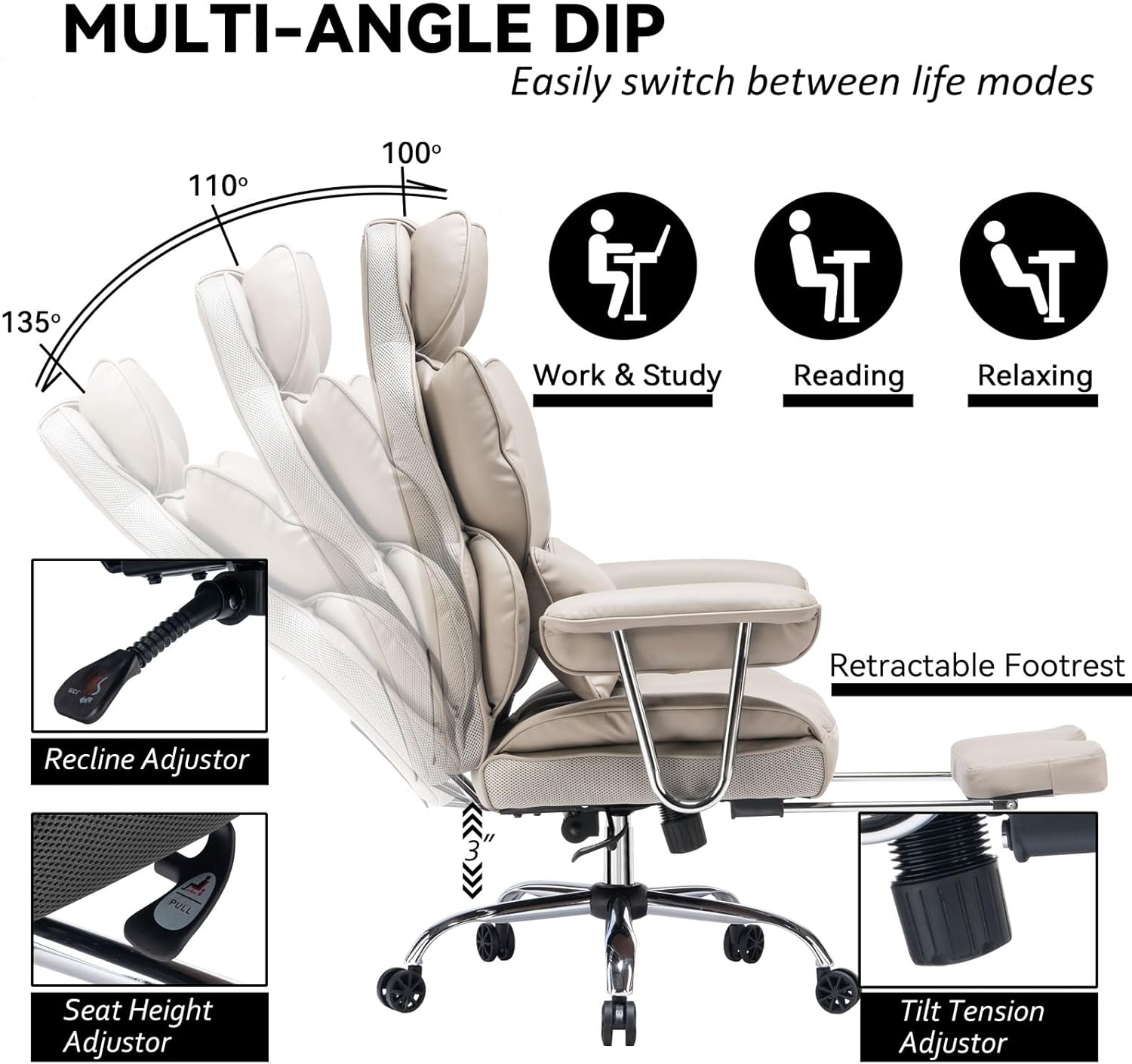 Efomao ergonomiczny fotel biurowy, krzesło kierownicze z PU skóry, fotel biurowy do 200 kg z podnóżkiem i podpórką lędźwiową, regulowane krzesło z wysokim oparciem