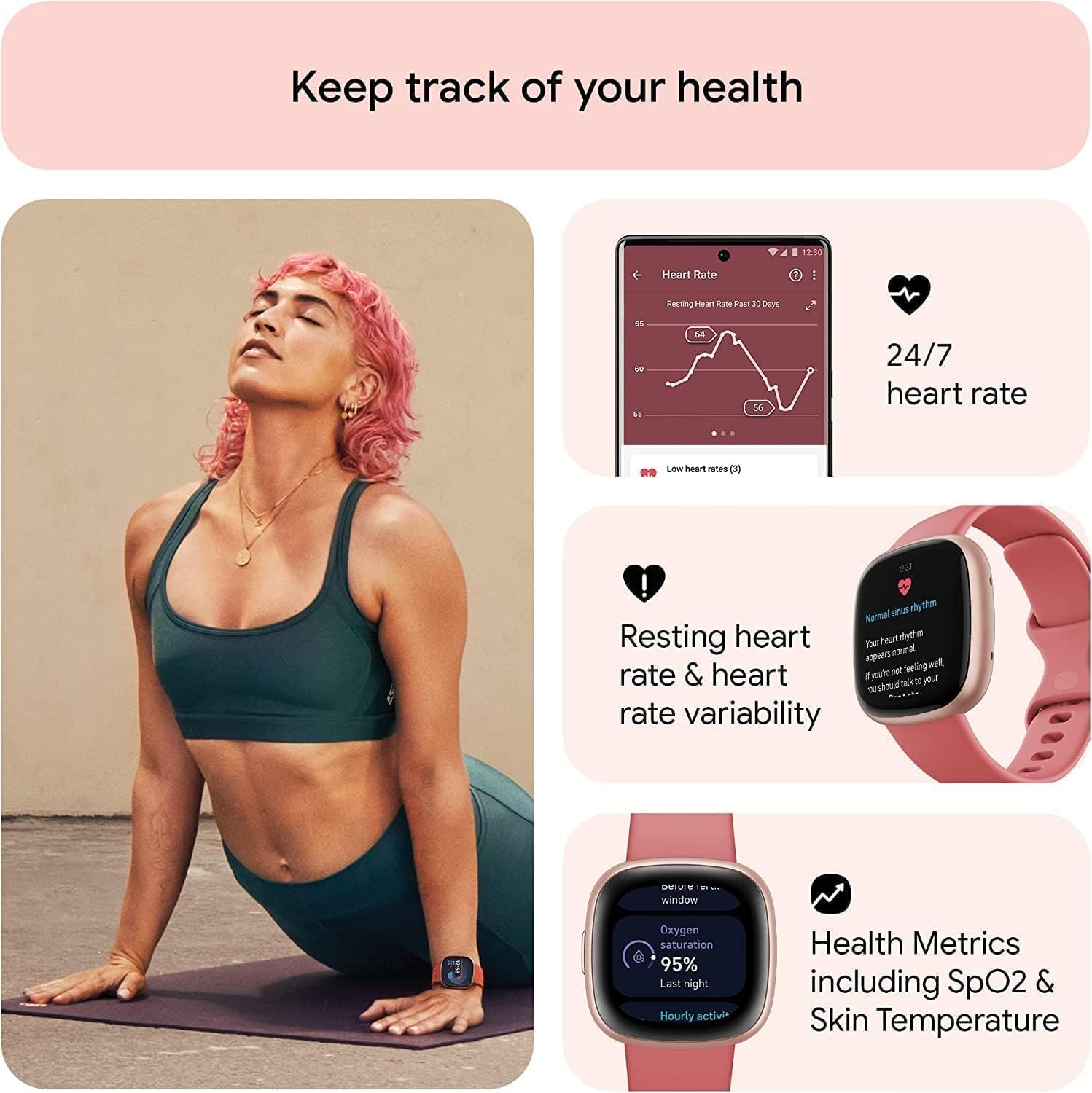 Fitbit Versa 4: Smartwatch aktywnosci fitness z wbudowanym systemem GPS, oraz z żywotnością baterii aż do 6 dni. Kompantybilny z systemem iOS & Android