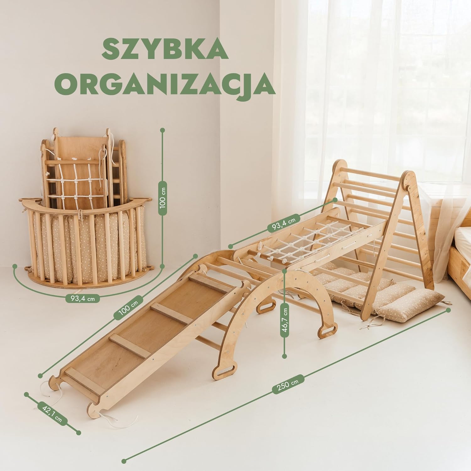 Zestaw wspinaczkowy 5 w 1 Montessori - drewniana siłownia z trójkątną drabinką i łukiem oraz rampą wspinaczkową, siatką i poduszką - rama wspinaczkowa dla maluchów w wieku 1-7 lat w rozmiarze XL
