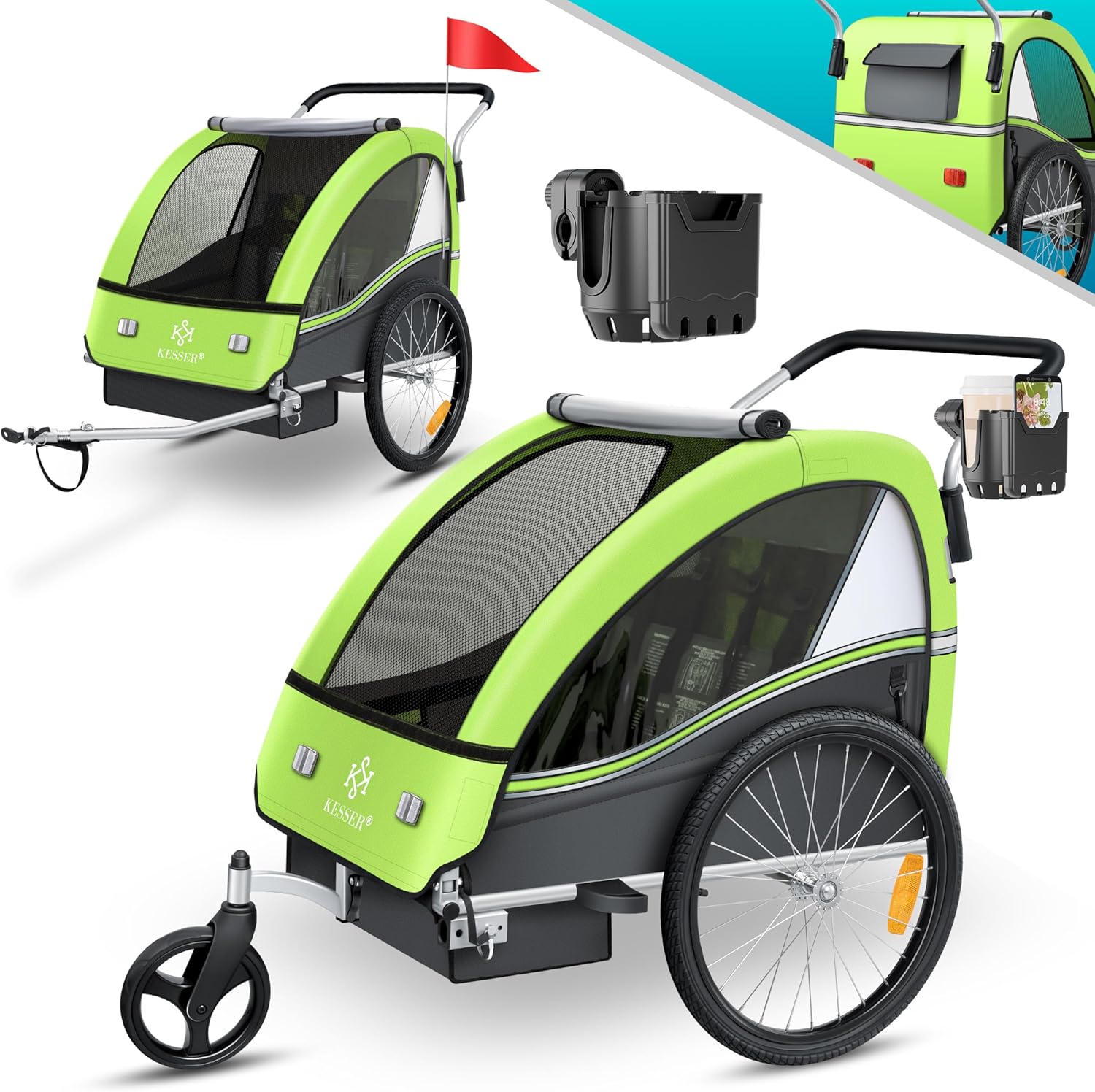 KESSER® Przyczepka rowerowa dla dzieci Sport-RX 2w1 z funkcją jazdy Przyczepka rowerowa dla dzieci + 5-punktowy pas bezpieczeństwa 360°