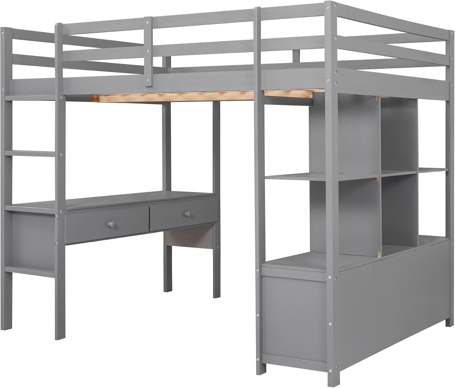 YCYDHDM Łóżko piętrowe 90 x 200 cm z biurkiem i półkami, łóżko piętrowe dla dzieci, łóżko młodzieżowe z zabezpieczeniem przed wypadnięciem i miejscem do przechowywania, rama łóżka z drewna sosnowego,