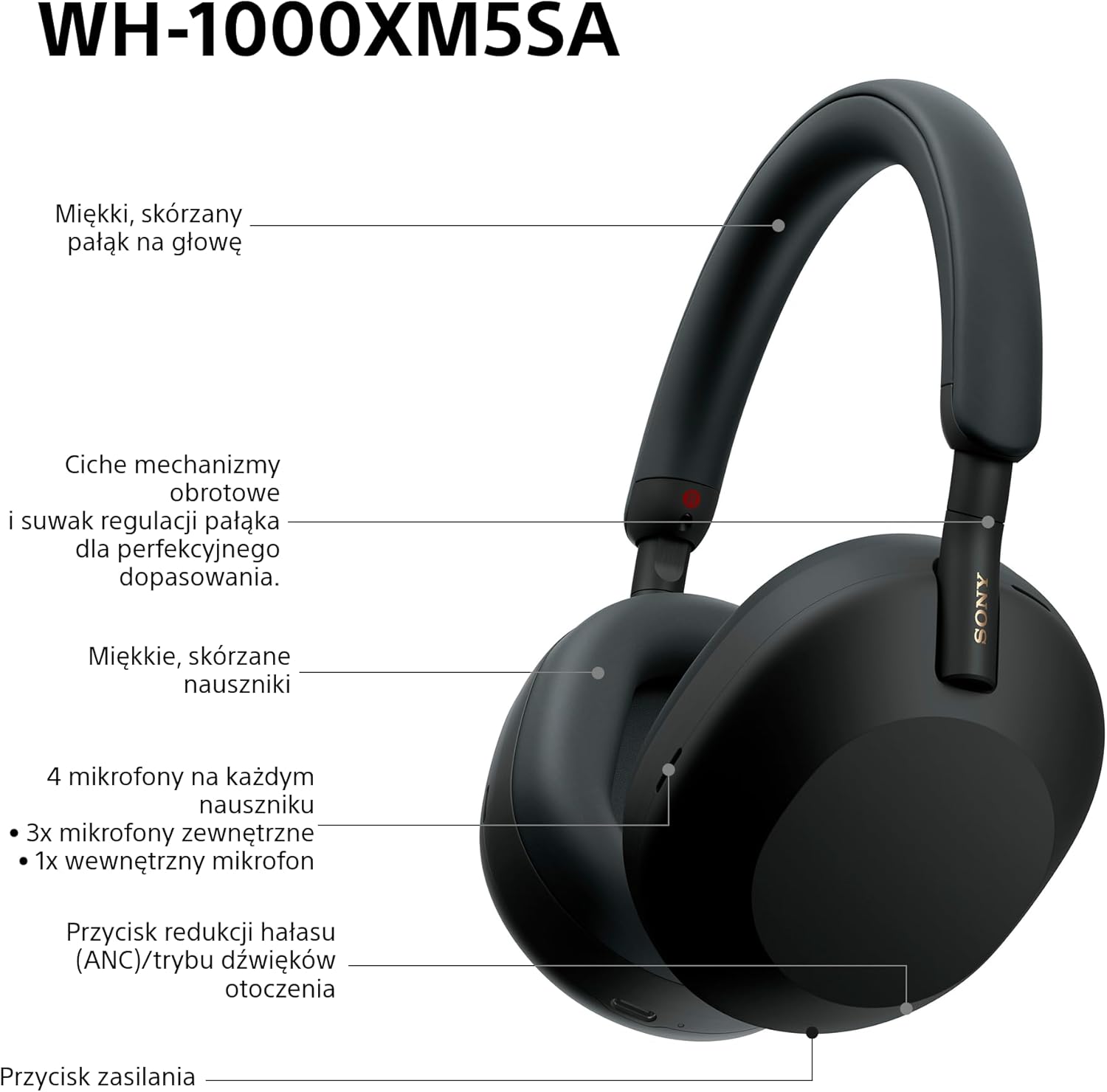 Sony WH-1000XM5 ANC Bezprzewodowe Słuchawki Nausze Z Redukcją Hałasu, Bluetooth, Clear Call Quality, Hi-Res, Do 30H Baterii, Szybkie Ładowanie, Alexa And Google Assistant, Ios And Android - Czarne
