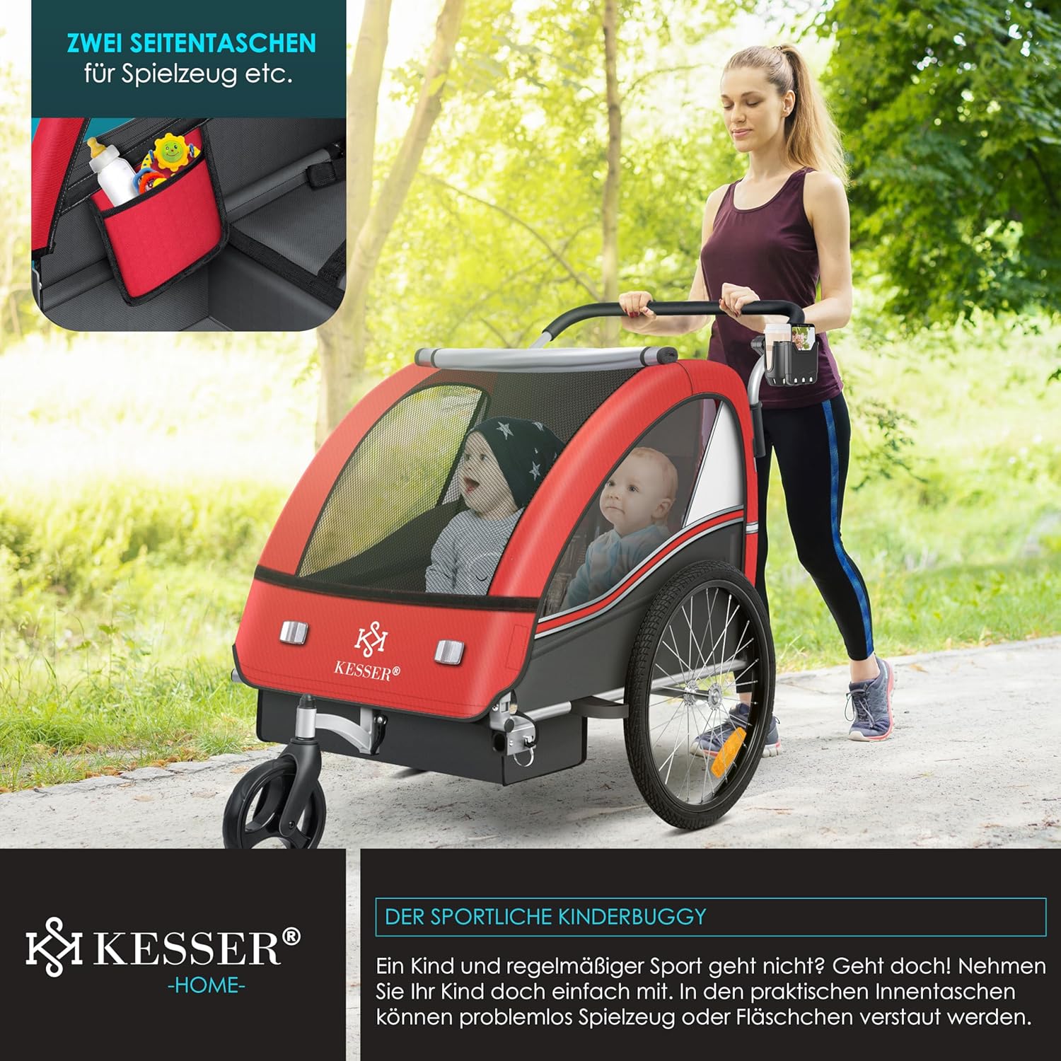 KESSER® Przyczepka rowerowa dla dzieci Sport-RX 2w1 z funkcją jazdy Przyczepka rowerowa dla dzieci + 5-punktowy pas bezpieczeństwa 360°