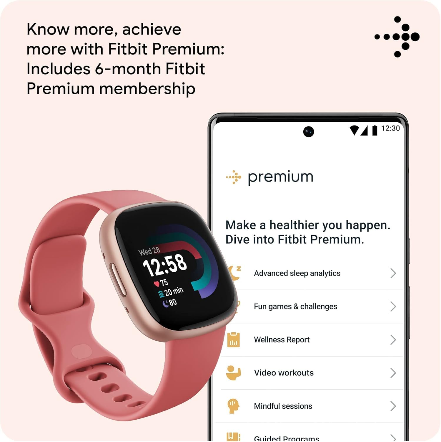 Fitbit Versa 4: Smartwatch aktywnosci fitness z wbudowanym systemem GPS, oraz z żywotnością baterii aż do 6 dni. Kompantybilny z systemem iOS & Android