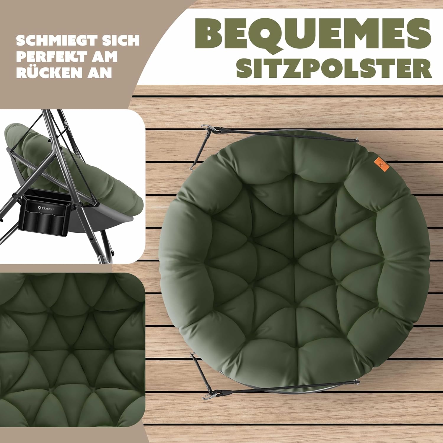 KESSER® Fotel wiszący ze stalowym stelażem, huśtawka, do 150 kg, do użytku wewnątrz i na zewnątrz, z poduszką i kieszenią boczną, kosz wiszący, piankowa poduszka, idealny do salonu i ogrodu