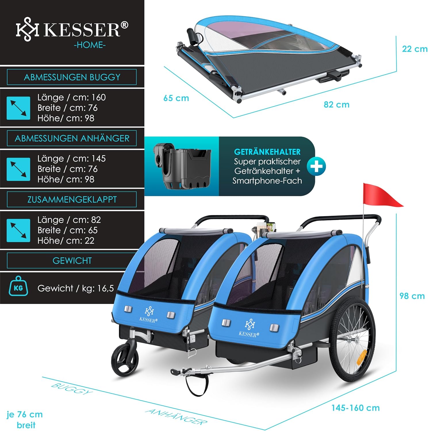 KESSER® Przyczepka rowerowa dla dzieci Sport-RX 2w1 z funkcją jazdy Przyczepka rowerowa dla dzieci + 5-punktowy pas bezpieczeństwa 360°