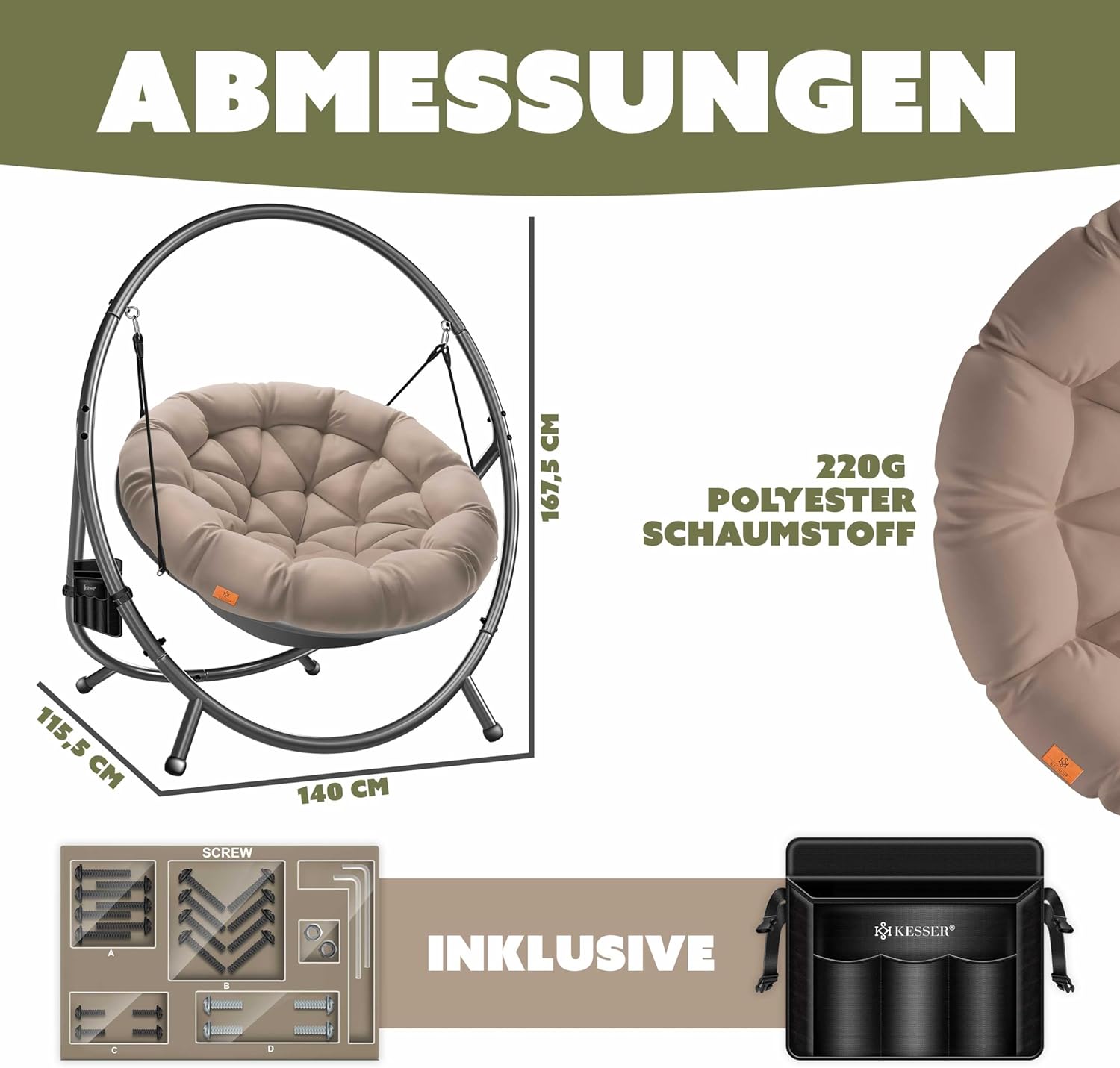 KESSER® Fotel wiszący ze stalowym stelażem, huśtawka, do 150 kg, do użytku wewnątrz i na zewnątrz, z poduszką i kieszenią boczną, kosz wiszący, piankowa poduszka, idealny do salonu i ogrodu