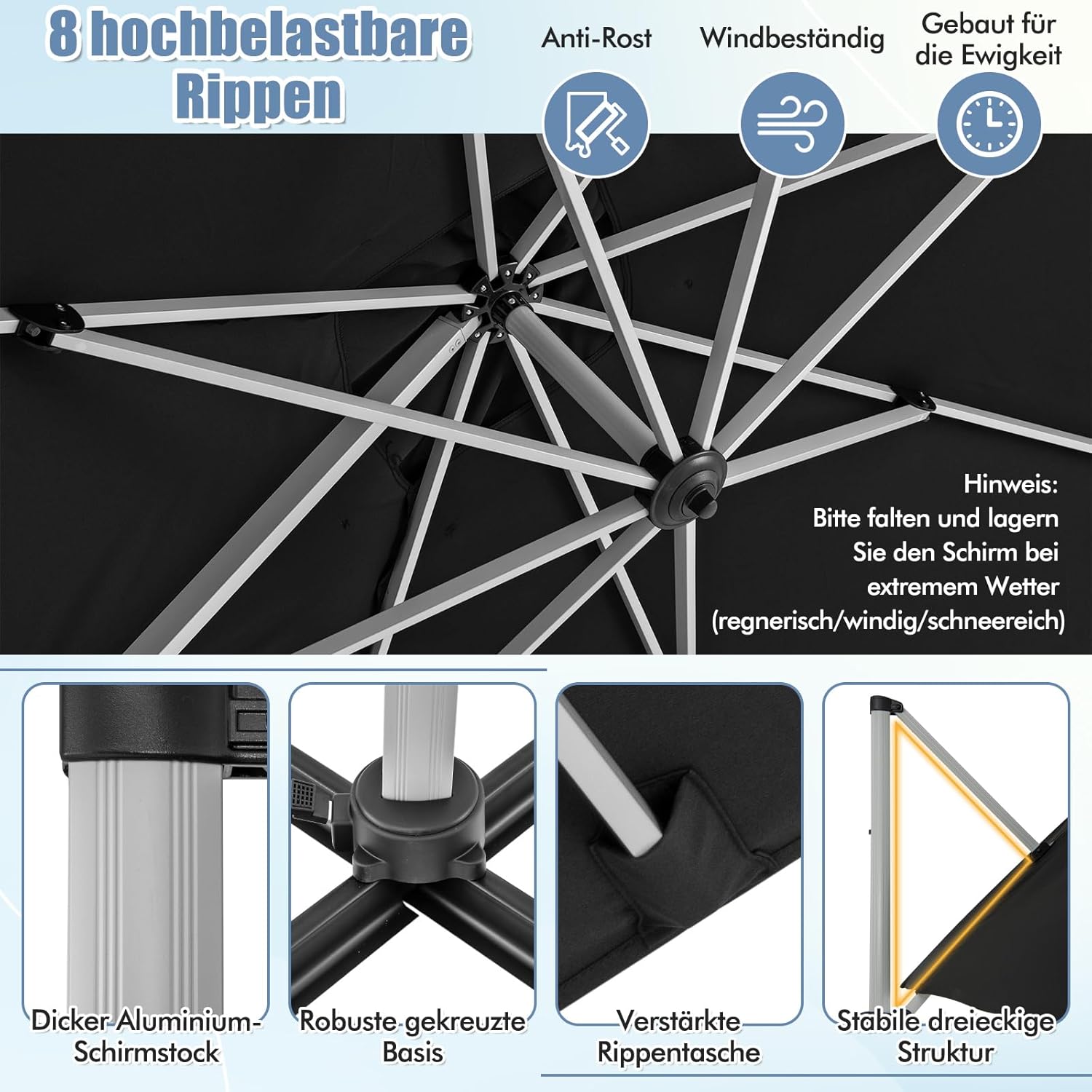 COSTWAY Parasol przeciwsłoneczny, prostokątny, 300 x 300 cm, duży parasol przeciwsłoneczny z korbą, parasol ogrodowy, odchylany o 360°, parasol tarasowy, do ogrodu, na taras, balkon (czarny)