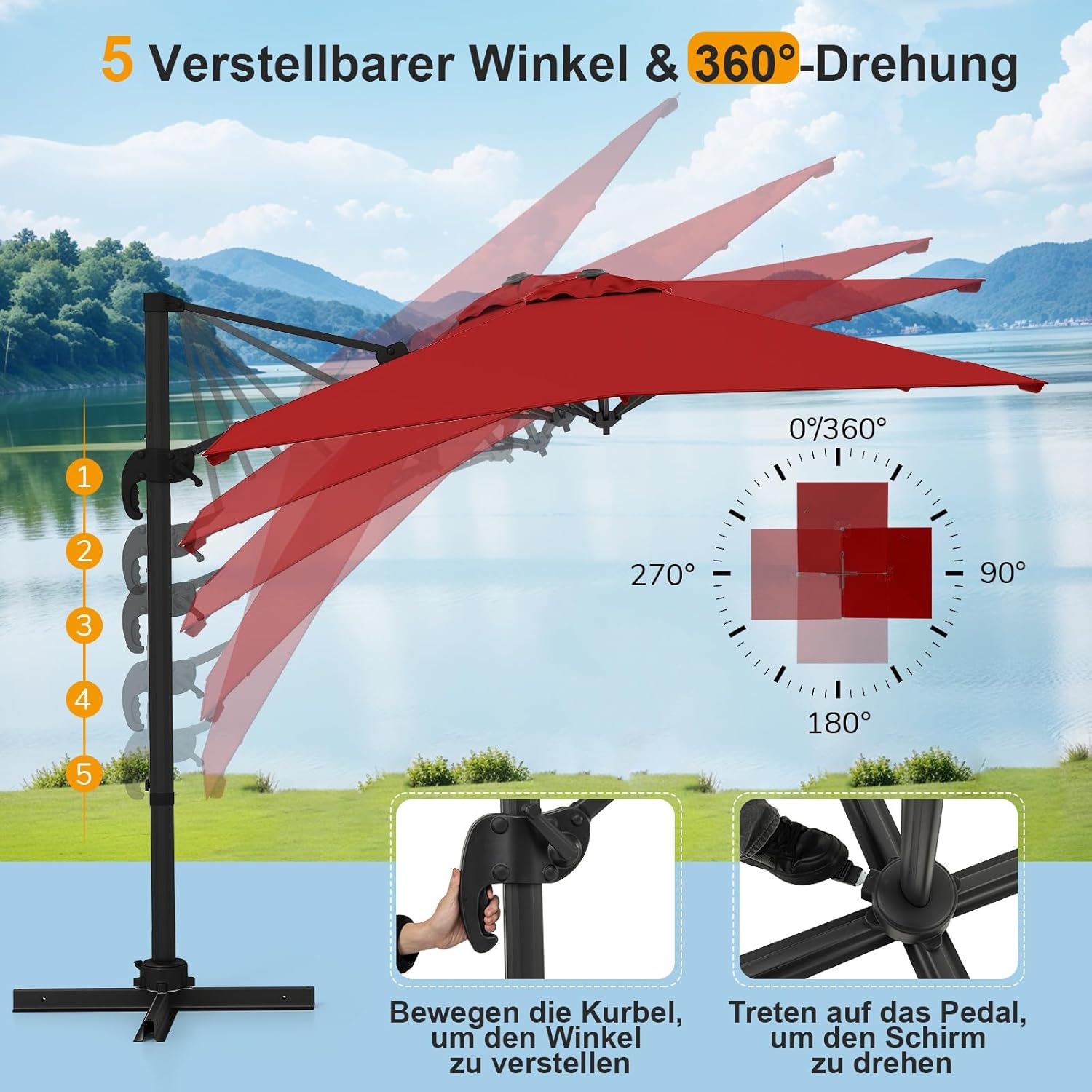 COSTWAY Parasol przeciwsłoneczny, prostokątny, 300 x 300 cm, duży parasol przeciwsłoneczny z korbą, parasol ogrodowy, odchylany o 360°, parasol tarasowy, do ogrodu, na taras, balkon (czarny)