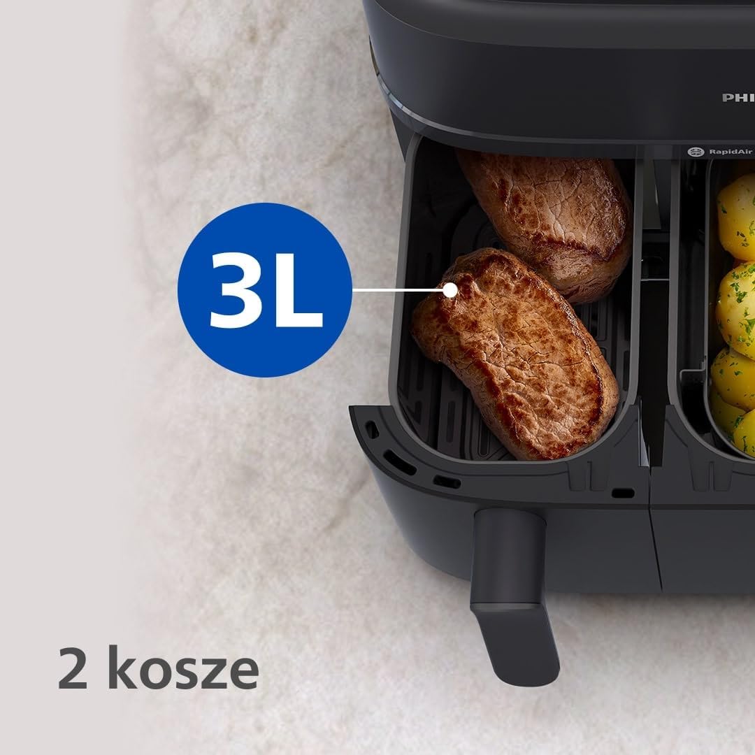 Philips Airfryer 5000 Serii Dual Basket z Technologią Air Steam oraz RapidAir Plus - pojemność 9L, 19 sposobów gotowania, 90% mniej tłuszczu, 2 kosze, czyszczenie parą, akcesoria (NA550/00)