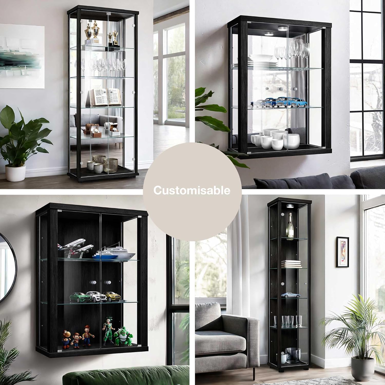 K-Möbel witryna ścienna (80x60x25cm) – Wyprodukowana w Niemczech – Wisząca witryna szklana z 2 regulowanymi półkami z ESG, lustrem i oświetleniem LED w kolorze czarnym Szafka z przeszklonymi drzwiami