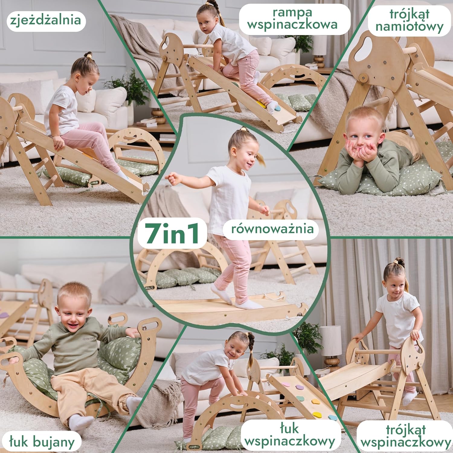 Zestaw wspinaczkowy 5 w 1 Montessori - drewniana siłownia z trójkątną drabinką i łukiem oraz rampą wspinaczkową, siatką i poduszką - rama wspinaczkowa dla maluchów w wieku 1-7 lat w rozmiarze XL