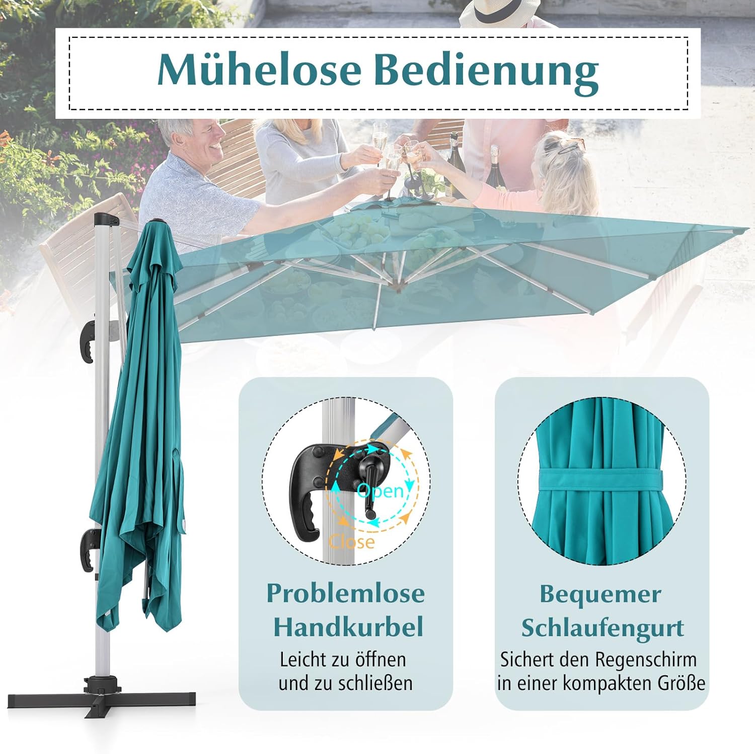 COSTWAY Parasol przeciwsłoneczny, prostokątny, 300 x 300 cm, duży parasol przeciwsłoneczny z korbą, parasol ogrodowy, odchylany o 360°, parasol tarasowy, do ogrodu, na taras, balkon (czarny)