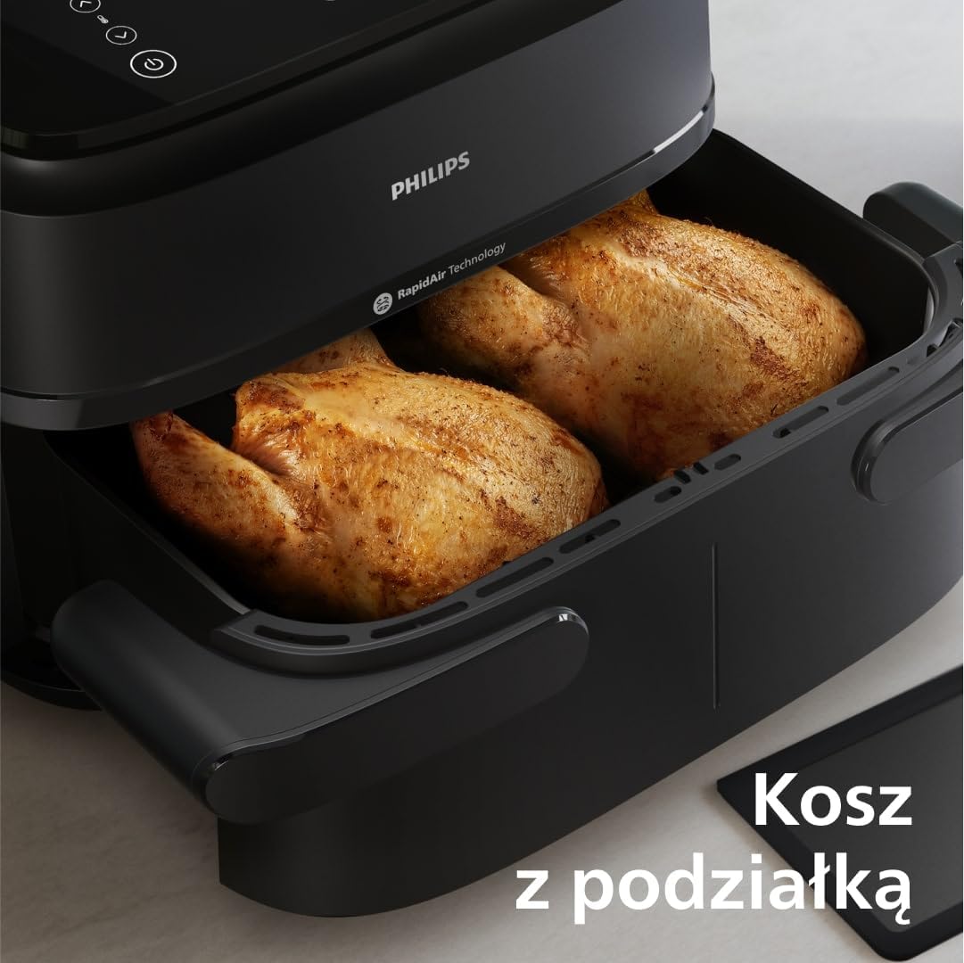 Philips Airfryer 5000 Serii Dual Basket z Technologią Air Steam oraz RapidAir Plus - pojemność 9L, 19 sposobów gotowania, 90% mniej tłuszczu, 2 kosze, czyszczenie parą, akcesoria (NA550/00)