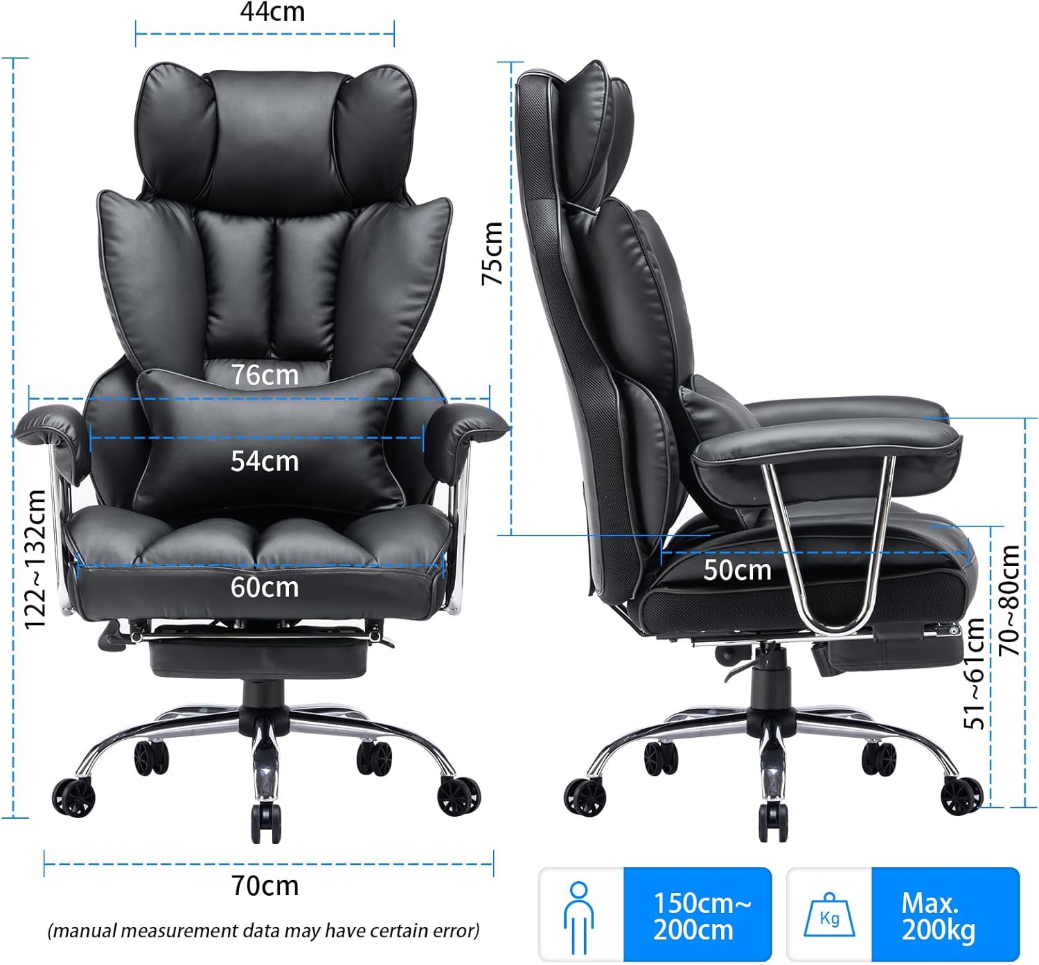 Efomao ergonomiczny fotel biurowy, krzesło kierownicze z PU skóry, fotel biurowy do 200 kg z podnóżkiem i podpórką lędźwiową, regulowane krzesło z wysokim oparciem