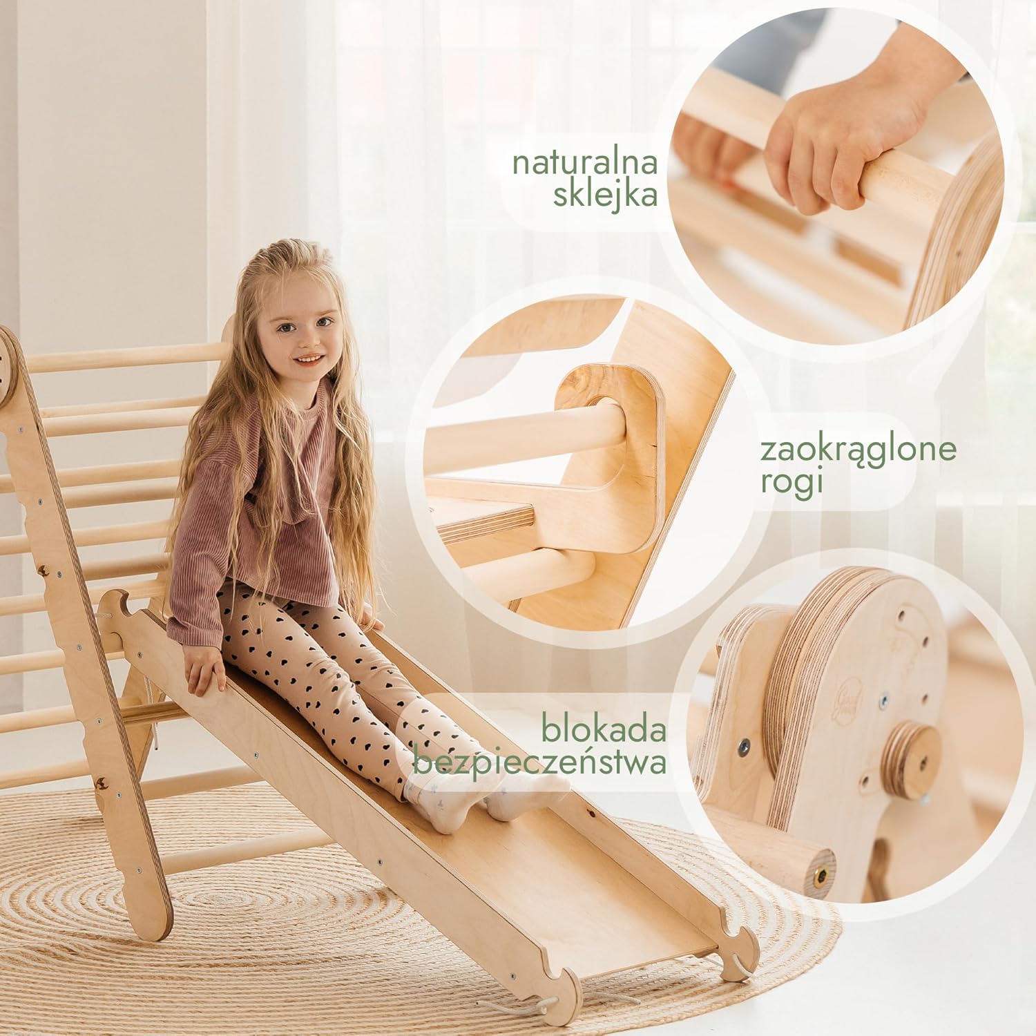 Zestaw wspinaczkowy 5 w 1 Montessori - drewniana siłownia z trójkątną drabinką i łukiem oraz rampą wspinaczkową, siatką i poduszką - rama wspinaczkowa dla maluchów w wieku 1-7 lat w rozmiarze XL