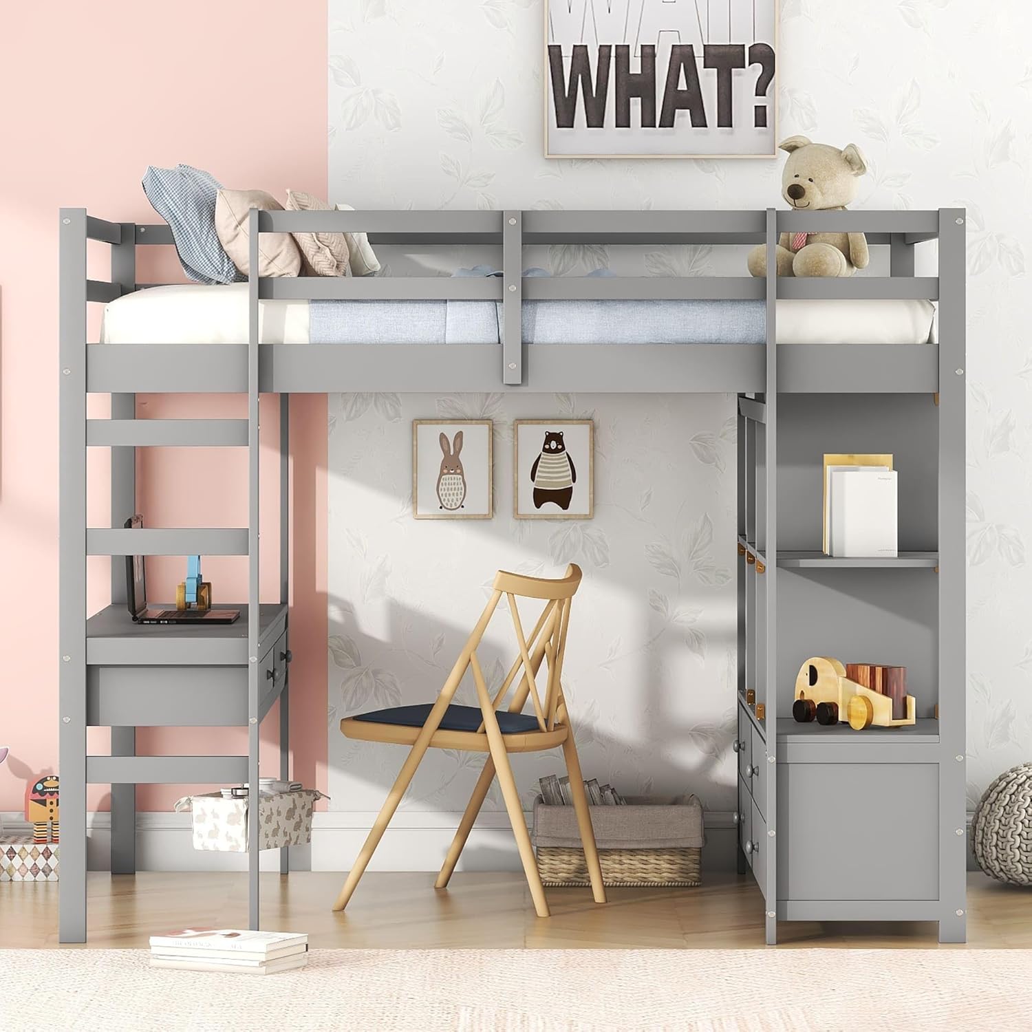 YCYDHDM Łóżko piętrowe 90 x 200 cm z biurkiem i półkami, łóżko piętrowe dla dzieci, łóżko młodzieżowe z zabezpieczeniem przed wypadnięciem i miejscem do przechowywania, rama łóżka z drewna sosnowego,