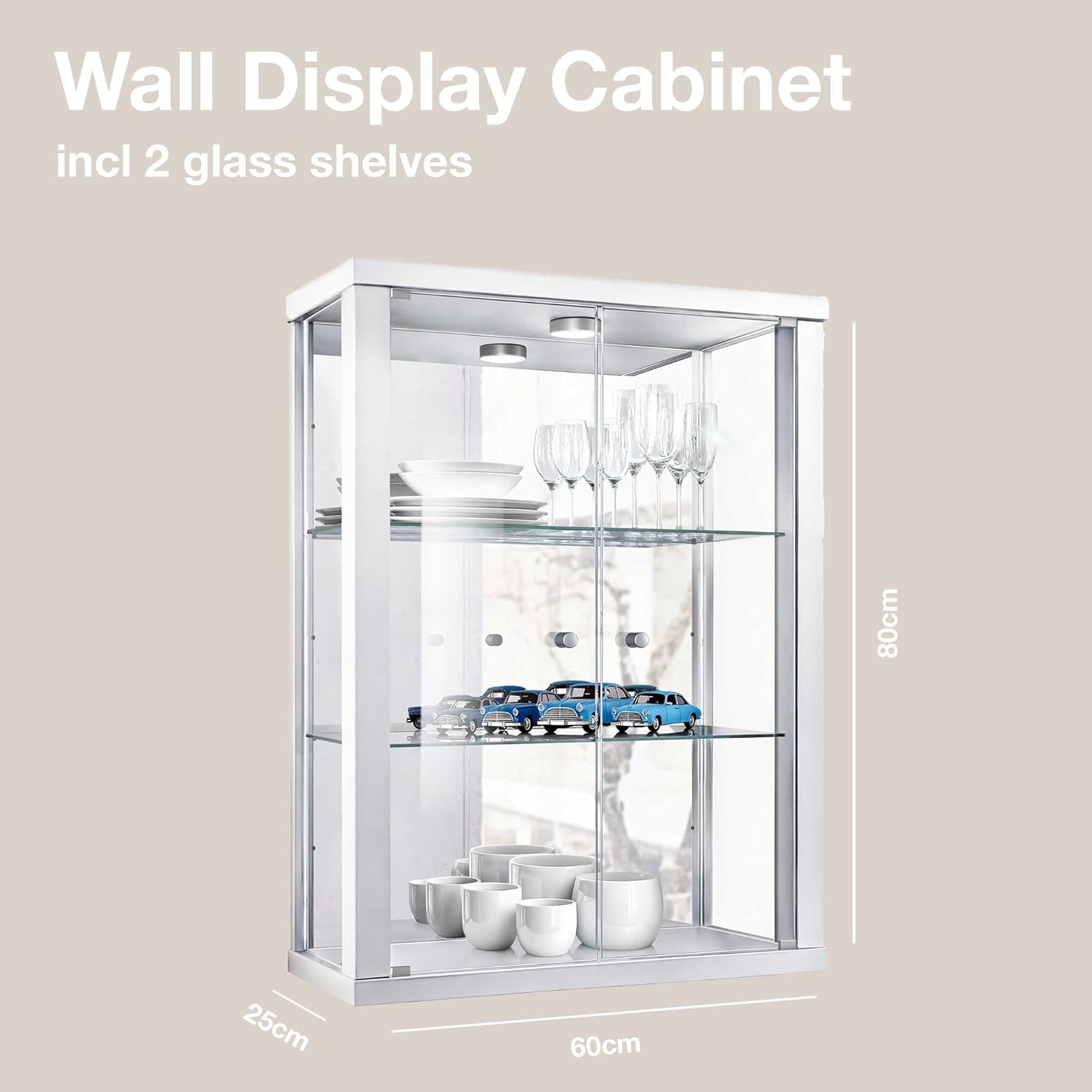 K-Möbel witryna ścienna (80x60x25cm) – Wyprodukowana w Niemczech – Wisząca witryna szklana z 2 regulowanymi półkami z ESG, lustrem i oświetleniem LED w kolorze czarnym Szafka z przeszklonymi drzwiami