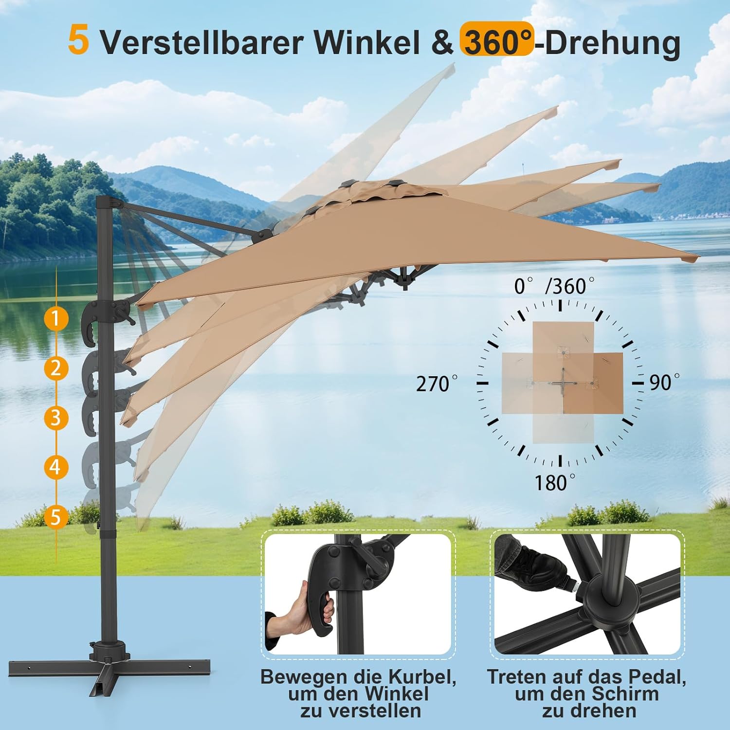 COSTWAY Parasol przeciwsłoneczny, prostokątny, 300 x 300 cm, duży parasol przeciwsłoneczny z korbą, parasol ogrodowy, odchylany o 360°, parasol tarasowy, do ogrodu, na taras, balkon (czarny)