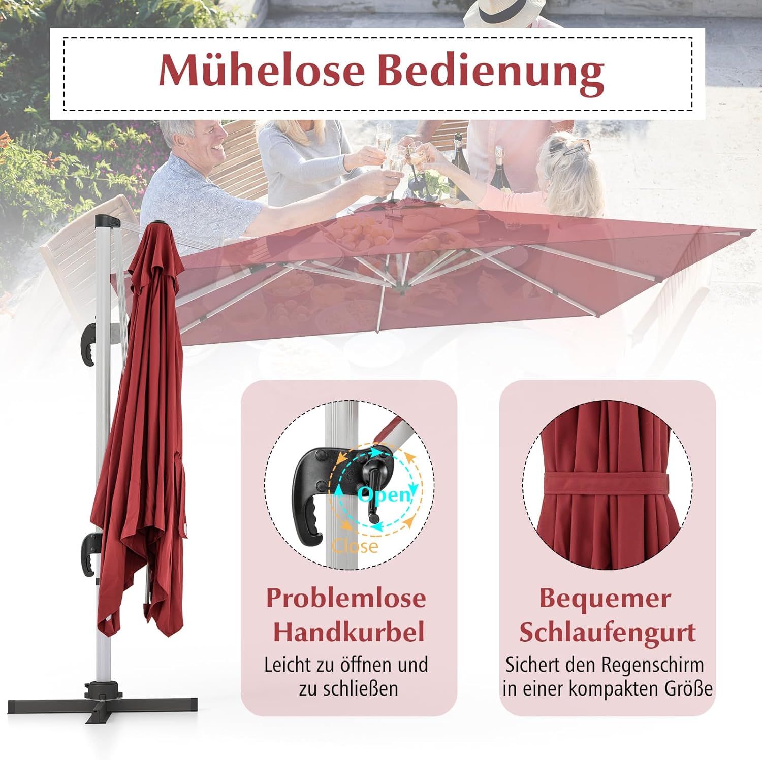 COSTWAY Parasol przeciwsłoneczny, prostokątny, 300 x 300 cm, duży parasol przeciwsłoneczny z korbą, parasol ogrodowy, odchylany o 360°, parasol tarasowy, do ogrodu, na taras, balkon (czarny)