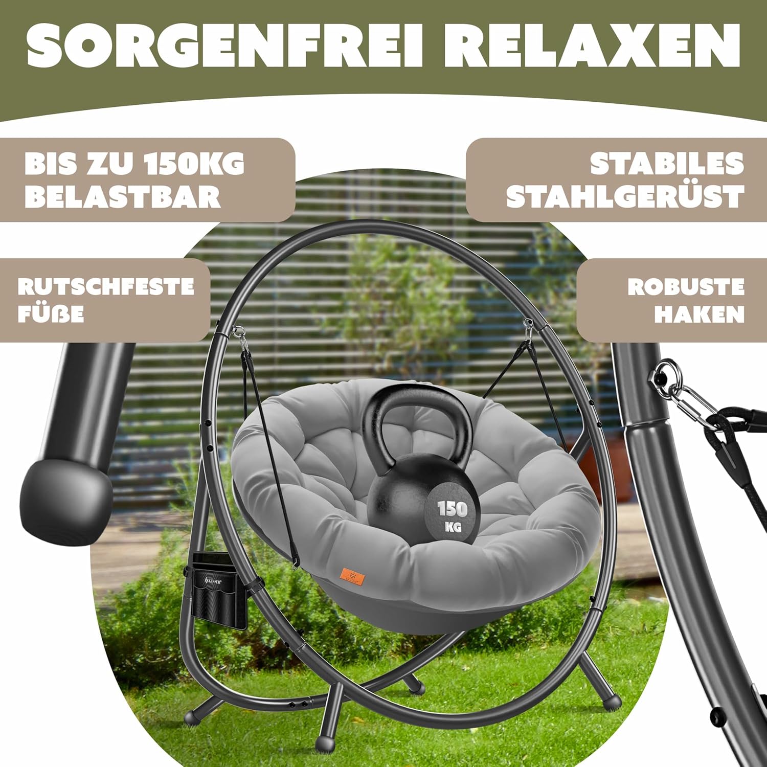 KESSER® Fotel wiszący ze stalowym stelażem, huśtawka, do 150 kg, do użytku wewnątrz i na zewnątrz, z poduszką i kieszenią boczną, kosz wiszący, piankowa poduszka, idealny do salonu i ogrodu