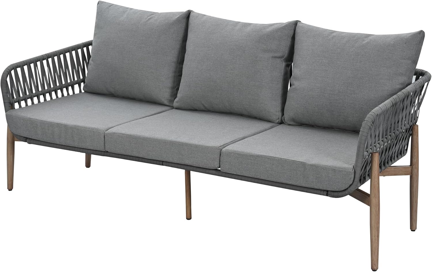 Dolamaní Zestaw mebli wypoczynkowych 0utdoor dla 5 osób, 3-osobowa sofa, 2 fotele i 2 stoliki kawowe, blat stołu z WPC, ze stali, z wygodnymi poduszkami (kolor szary)