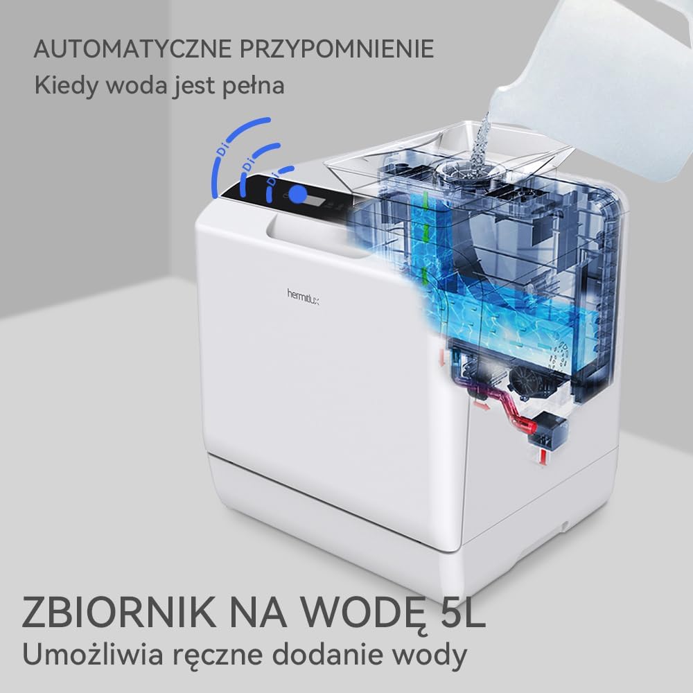Mini zmywarka stołowa, do użytku z i bez podłączenia do wody, szerokość 43 cm, miejsce na 4 sztućce, do użytku na kempingu, 175 kWh/rok, biały