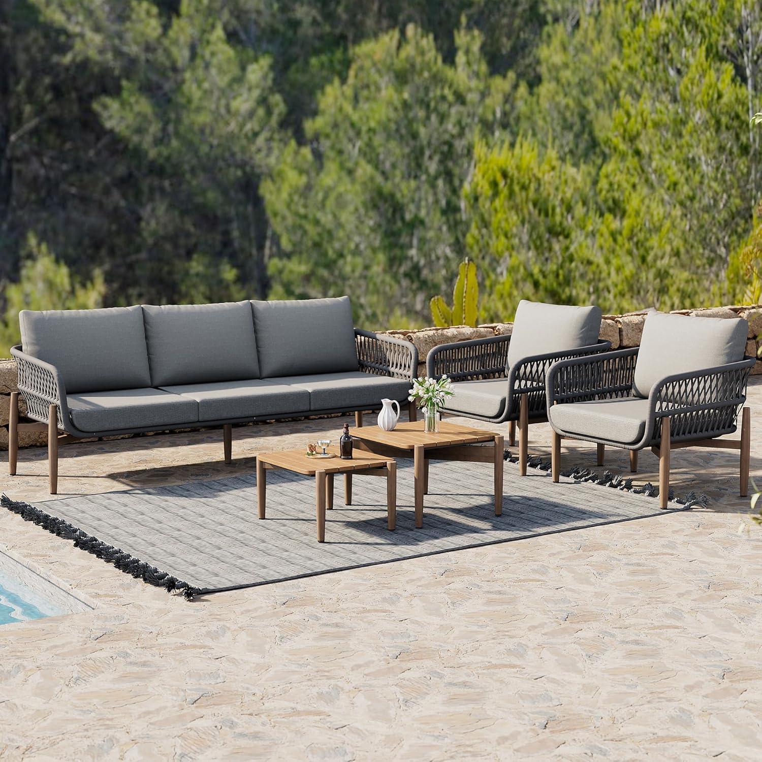 Dolamaní Zestaw mebli wypoczynkowych 0utdoor dla 5 osób, 3-osobowa sofa, 2 fotele i 2 stoliki kawowe, blat stołu z WPC, ze stali, z wygodnymi poduszkami (kolor szary)
