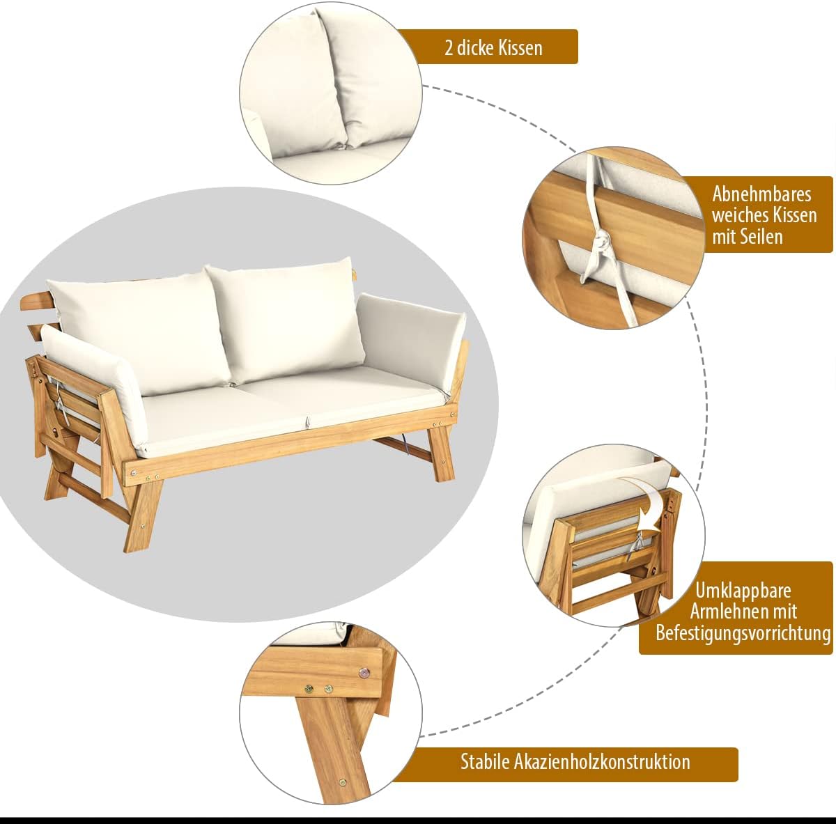 COSTWAY Ławka ogrodowa z funkcją leżenia, sofa ogrodowa z poduszkami i składanym podłokietnikiem, ławka balkonowa z drewna akacjowego, sofa balkonowa, sofa ogrodowa do ogrodu, na taras, balkon, 198 x